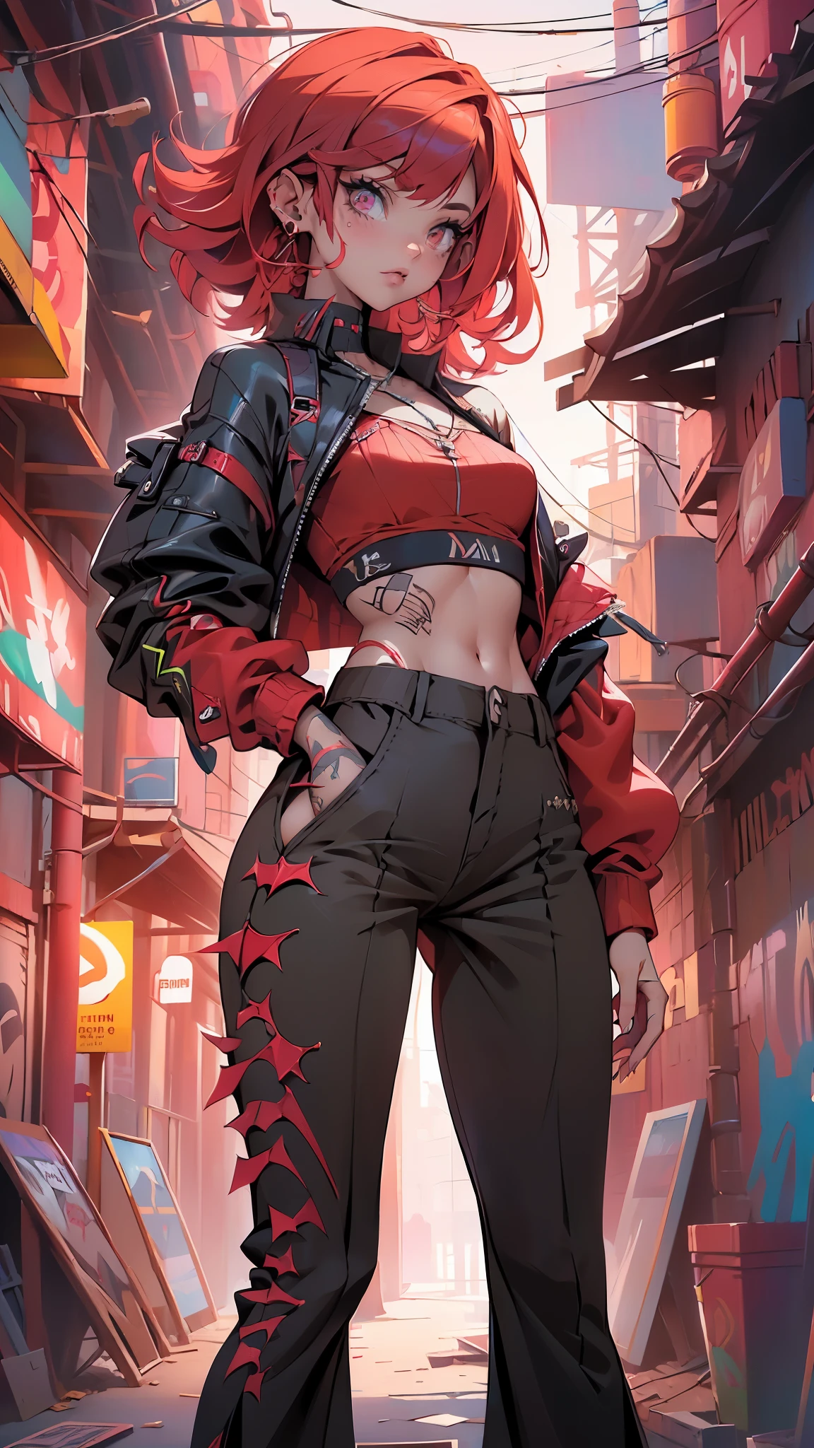 (La mejor calidad,A high resolution,Ultra - detallado,actual),Ariana Grande, cyber style , solo, Cabello rosa largo y desordenado, tatuaje tribal, (PANTALONES ROJOS HOLGADOS:1.4), fondo borroso,,More detailed 8K.motor irreal:1.4,UHD,La mejor calidad:1.4, fotorrealista:1.4, textura de la piel:1.4, obra maestra:1.8,obra-prima, mejor calidad,objeto Objeto], (detailed face features:1.3), (ciberpunk 2.1),(convexo dedos detallados), (pantalon color rojo:1.4), (perfect anatomy),( pose vaquero), (non mutation anatomy) 