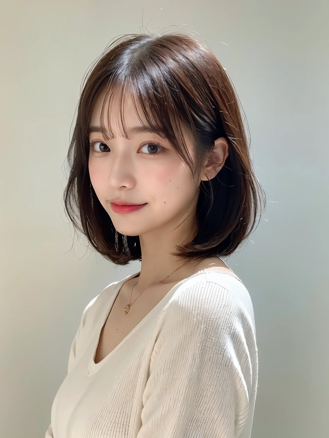 (8K、Raw photo、highest quality、masterpiece:1.2)、High-definition RAW color photo、professional photos、(realistic、photo realistic:1.37)、Shot in natural light、1 girl、laughter、white wall、Taken in front of the white door、(窓のあるwhite wallの部屋)、Versatile poses、break (Ombre:1.3) 、Spring clothes、simple necklace、long sleeve dress、(Beautiful profile:1.3)、Don't look at the camera、profile、bob、bobヘア、bob cuts、((Navy hair color))、ロングbob、Underlayer highlights