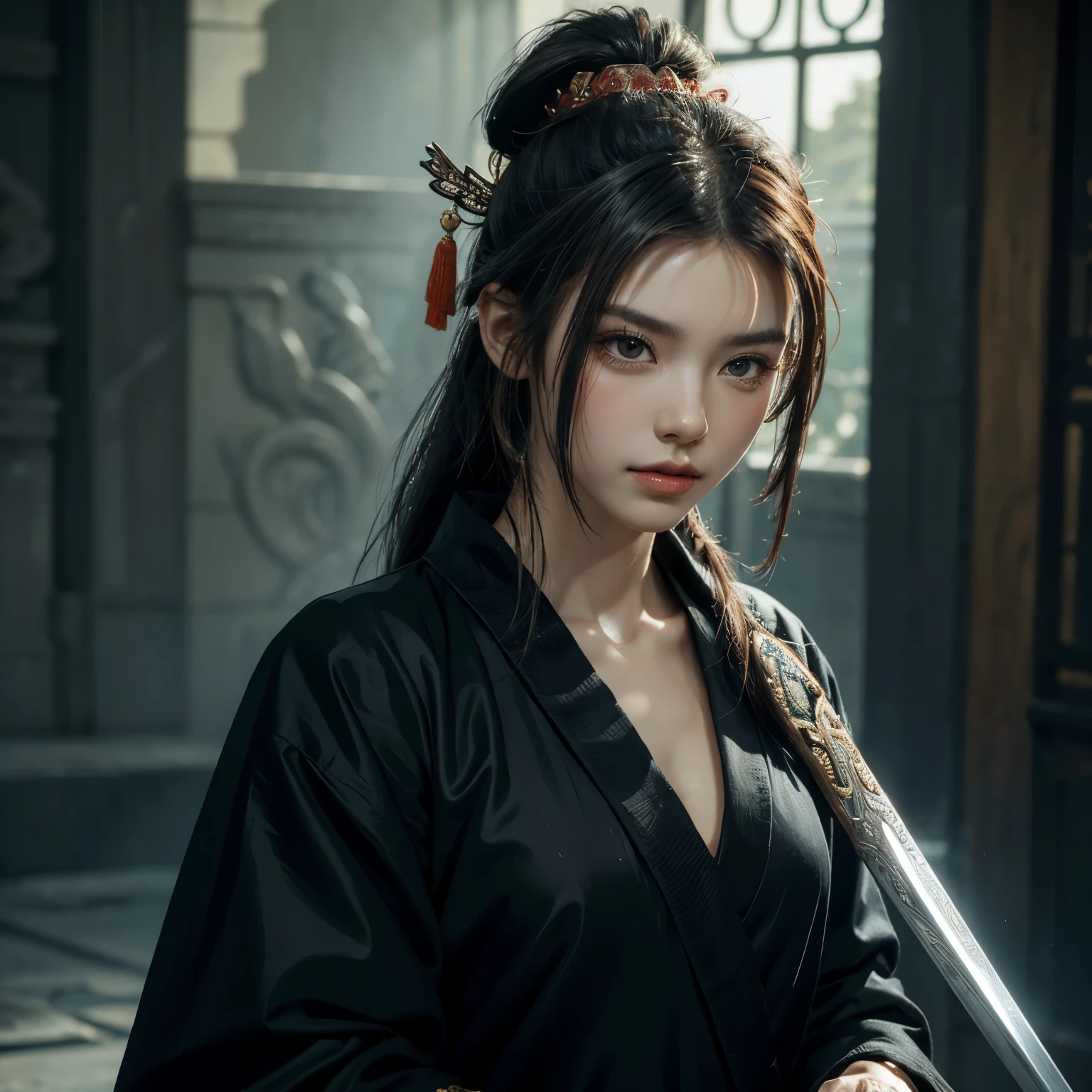 (masterpiece), (best quality), (highly detailed), (handsome face), a man, ponytail hair tied with jade crown, General chinese, ancient chinese style, black robe, battlefield background, hold a sword, cold aura