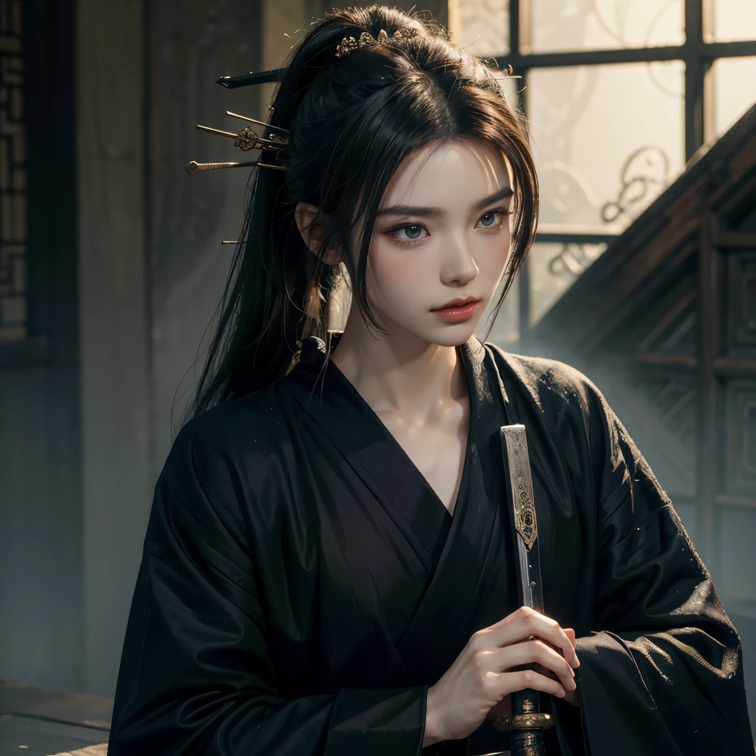 (masterpiece), (best quality), (highly detailed), (handsome face), a man, ponytail hair tied with jade crown, General chinese, ancient chinese style, black robe, battlefield background, hold a sword, cold aura