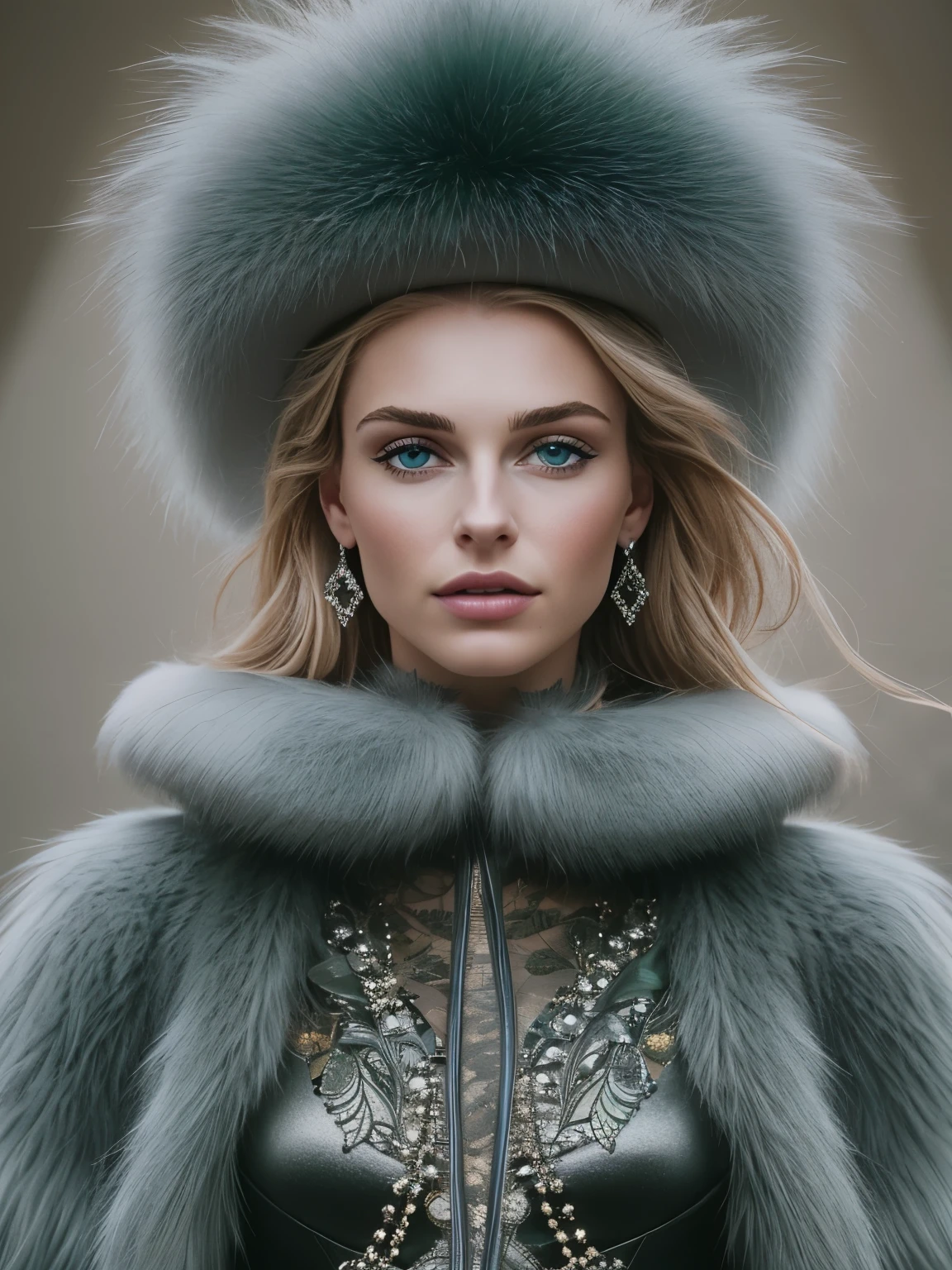 a close up of a woman wearing a Light Green hat and earrings, sleek dark fur, Light Green Fur, Russian style, very beautiful fur, fine fur, Dasha Taran, dark fur, Fur details, top hat, Anastasia Ovchinnikova, Light Green hat, synthetic fur, Elena Belova, wearing a top hat, Julia Gorokhova,Beautiful maturation, ((slim, )), photographrealistic, photograph, masterpiece, realistic, realism, photographrealism, high contrast, photographrealistic digital art trending on Artstation 8k HD high definition be familiar with realistic, be familiar with, skin texture, hyper be familiar with, realistic skin texture, armature, highest quality, 超High resolution, (photographrealistic:1.4),, High resolution, be familiar with, close up shot, sharp focus, (1 girl, european girl, Featured models), realistic skin, (slimな体型), Platinum-colored side sweep shorthair, highly detailed hair, delicate face, glossy lips,