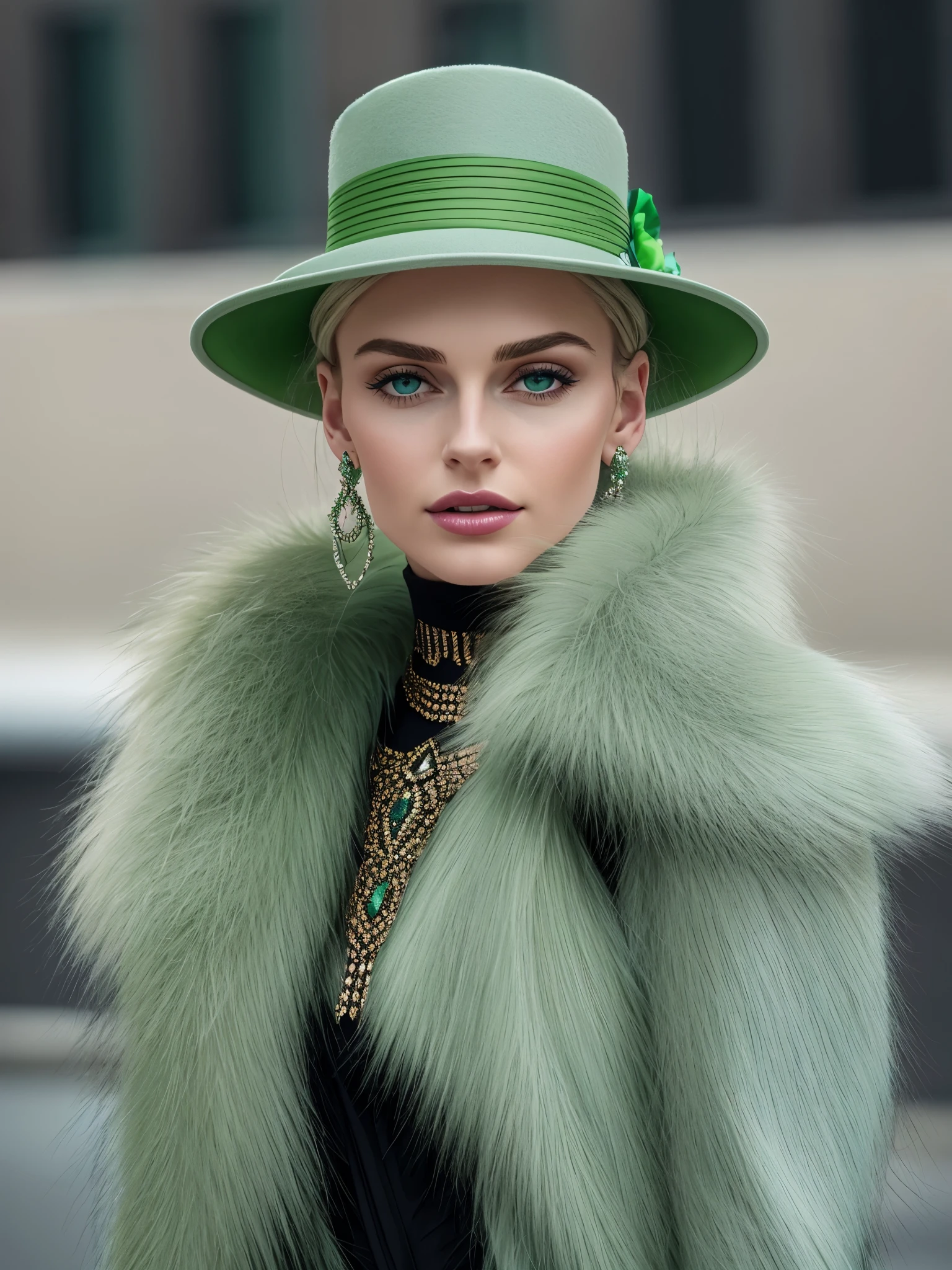 a close up of a woman wearing a Light Green hat and earrings, sleek dark fur, Light Green Fur, Russian style, very beautiful fur, fine fur, Dasha Taran, dark fur, Fur details, top hat, Anastasia Ovchinnikova, Light Green hat, synthetic fur, Elena Belova, wearing a top hat, Julia Gorokhova,Beautiful maturation, ((slim, )), photographrealistic, photograph, masterpiece, realistic, realism, photographrealism, high contrast, photographrealistic digital art trending on Artstation 8k HD high definition be familiar with realistic, be familiar with, skin texture, hyper be familiar with, realistic skin texture, armature, highest quality, 超High resolution, (photographrealistic:1.4),, High resolution, be familiar with, close up shot, sharp focus, (1 girl, european girl, Featured models), realistic skin, (slimな体型), Platinum-colored side sweep shorthair, highly detailed hair, delicate face, glossy lips,