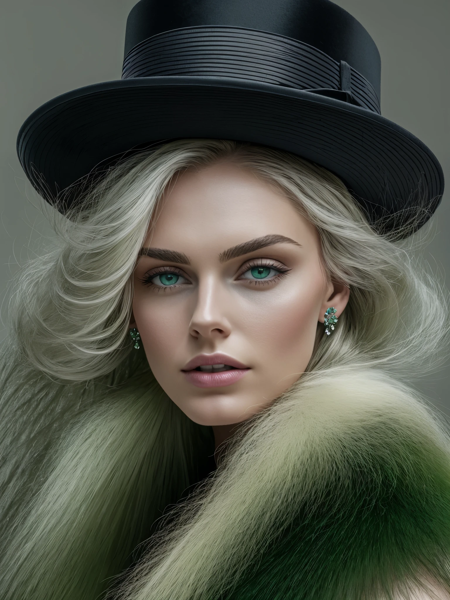 a close up of a woman wearing a Light Green hat and earrings, sleek dark fur, Light Green Fur, Russian style, very beautiful fur, fine fur, Dasha Taran, dark fur, Fur details, top hat, Anastasia Ovchinnikova, Light Green hat, synthetic fur, Elena Belova, wearing a top hat, Julia Gorokhova,Beautiful maturation, ((slim, )), photographrealistic, photograph, masterpiece, realistic, realism, photographrealism, high contrast, photographrealistic digital art trending on Artstation 8k HD high definition be familiar with realistic, be familiar with, skin texture, hyper be familiar with, realistic skin texture, armature, highest quality, 超High resolution, (photographrealistic:1.4),, High resolution, be familiar with, close up shot, sharp focus, (1 girl, european girl, Featured models), realistic skin, (slimな体型), Platinum-colored side sweep shorthair, highly detailed hair, delicate face, glossy lips,