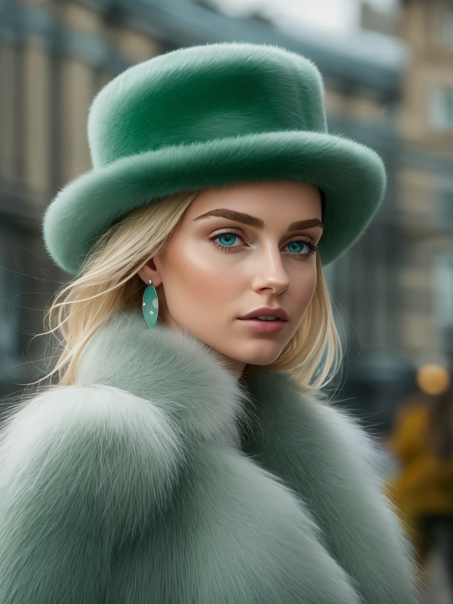 a close up of a woman wearing a Light Green hat and earrings, sleek dark fur, Light Green Fur, Russian style, very beautiful fur, fine fur, Dasha Taran, dark fur, Fur details, top hat, Anastasia Ovchinnikova, Light Green hat, synthetic fur, Elena Belova, wearing a top hat, Julia Gorokhova,Beautiful maturation, ((slim, )), photographrealistic, photograph, masterpiece, realistic, realism, photographrealism, high contrast, photographrealistic digital art trending on Artstation 8k HD high definition be familiar with realistic, be familiar with, skin texture, hyper be familiar with, realistic skin texture, armature, highest quality, 超High resolution, (photographrealistic:1.4),, High resolution, be familiar with, close up shot, sharp focus, (1 girl, european girl, Featured models), realistic skin, (slimな体型), Platinum-colored side sweep shorthair, highly detailed hair, delicate face, glossy lips,