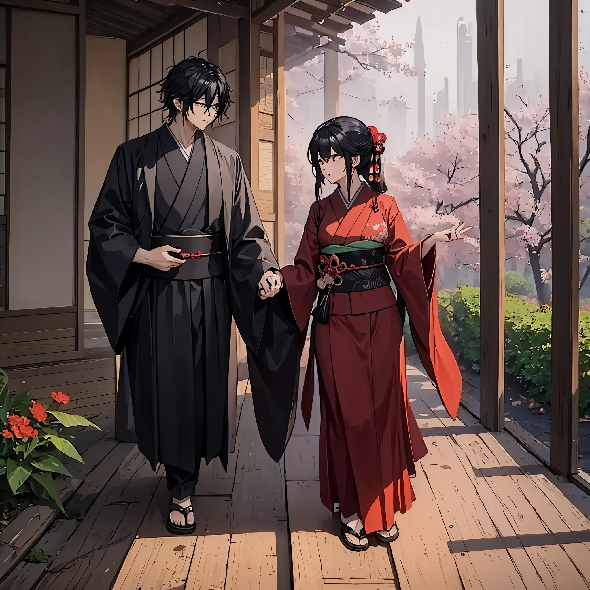 a man in a black kimono holding the hand of a woman in a red kimono in a Japanese garden
