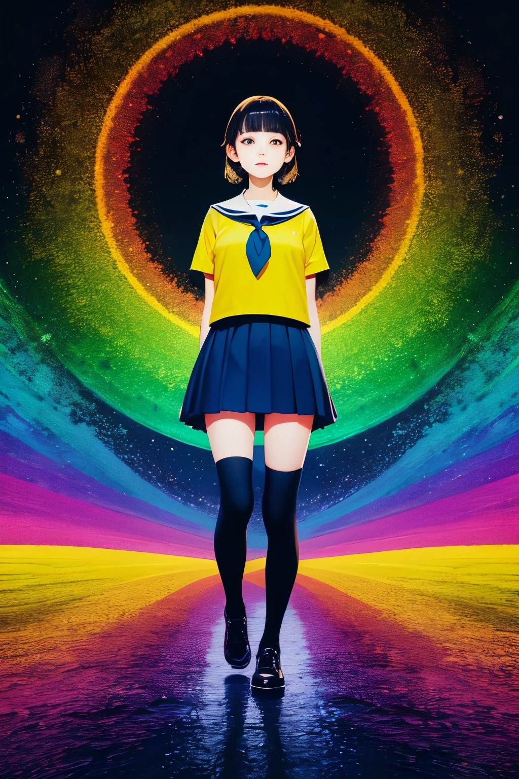 ((highest quality)),  (be familiar with), one person, look up at the sky, Landscape, Psychedelic background, high school girl, whole body, mini skirt, 8 heads and bodies, knee socks,　People are one-third of the screen,