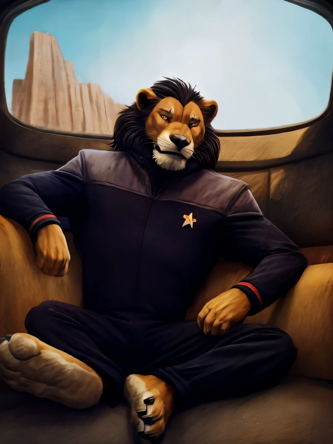 Hyperrealist furry portrait, full body picture, full figure image, masterpiece, best quality, soft light, cinematic, barefoot Scar (anthro beefy lion with orange fur, black mane with with white strand, from Lion King), confidence, authority, sits in the captain's chair, wears ds9st black and grey uniform with red collar, detailed Starfleet Delta badge on his chest, handsome clawed feet paws, high resolution, anatomically correct, digital art style, photoreal, visible feet, nice big paws with pawpads. looking on viewer, high resolution, detailed background (bridge of Star trek starship Enterprise with many screens and consoles, futuristic look) , 8k, sharp image, full body image (wide dynamic range, dynamic angles and pose: 1. 2)