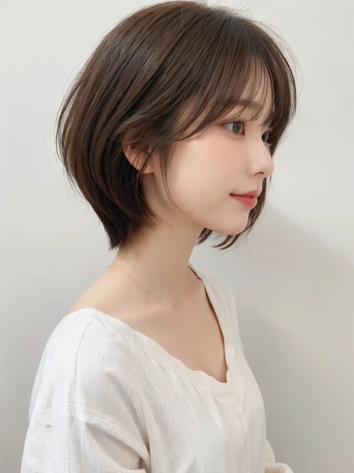 (8K、Raw photo、highest quality、masterpiece:1.2)、High-definition RAW color photo、professional photos、(realistic、photo realistic:1.37)、Shot in natural light、1 girl、laughter、white wall、Taken in front of the white door、(窓のあるwhite wallの部屋)、Versatile poses、break (Ombre:1.3) 、Spring clothes、simple necklace、long sleeve dress、(Beautiful profile:1.3)、Don't look at the camera、profile、bob、bobヘア、bob cuts、((The hair color is dark brown))、shortcut、short hair