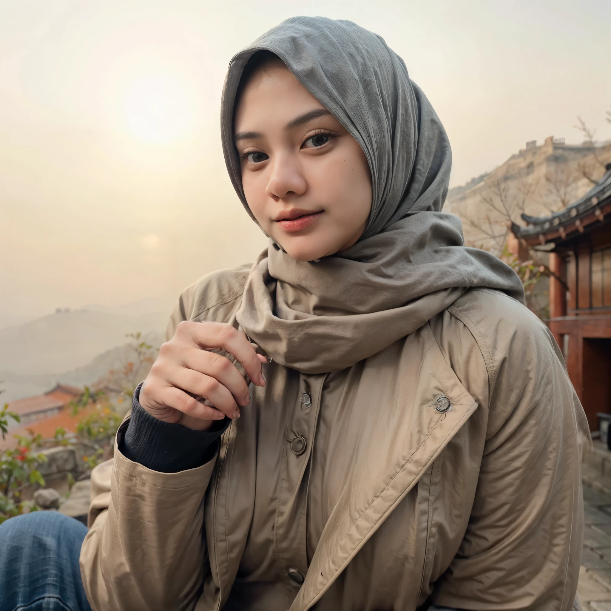 Indonesian woman (25 years old, oval and clean face, hijab, thin body, Indonesian-style skin, wearing a thick winter jacket, jeans) standing posing like a model on the Great Wall of China, heart sign hand gesture, smilling, photo slightly tilted to the side, visible face, minimal lighting, sunset light. ultra HD, real photo, very detailed, very sharp, 18mm lens, realistic, photography, leica camera