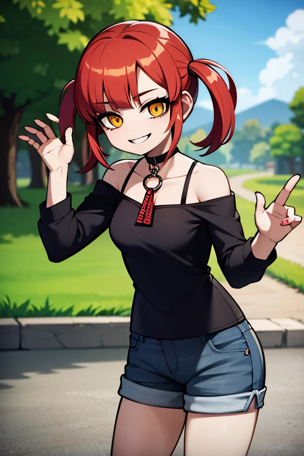 girl, small breasts, red hair, pink bangs, twintails hairrstyle, girl, wearing black shirt, wearing neck lace, silver neck lace, jeans short, , smiling, looking at viewer, yellow eyes, in a park, threes behind, 4k, masterpiece, 8k,
