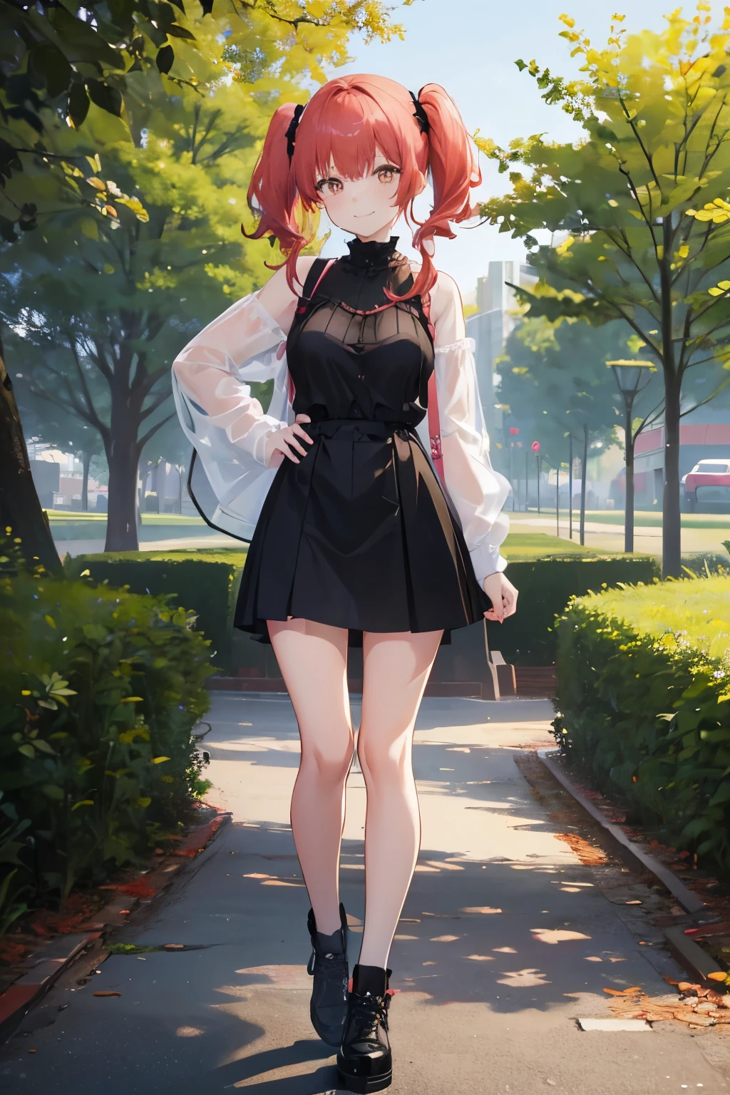 girl, small breasts, red hair, pink bangs, twintails hairrstyle, girl, wearing black shirt, wearing neck lace, silver neck lace, jeans short, , smiling, looking at viewer, yellow eyes, in a park, threes behind, 4k, masterpiece, 8k, fullbody in art, 
