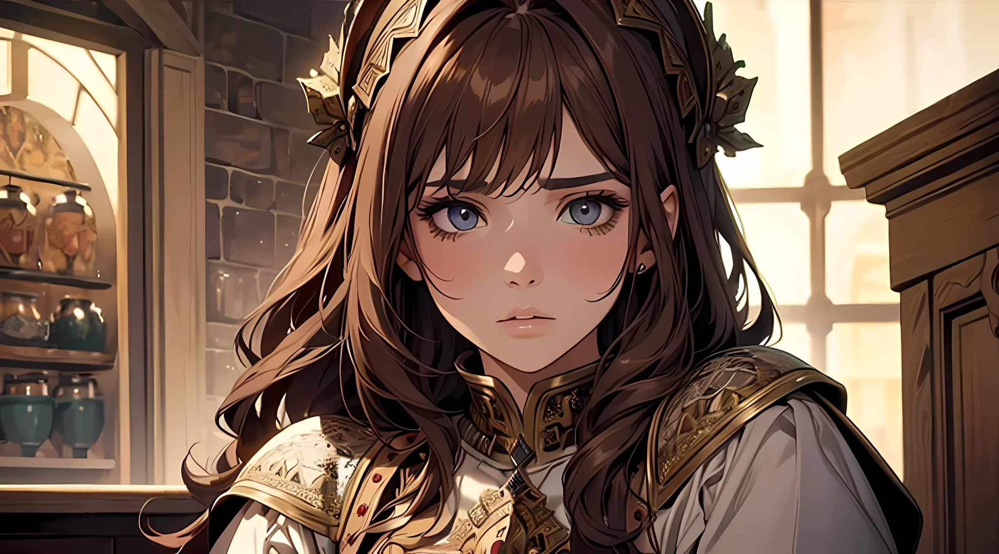 1 beautiful girl, brown hair, medieval times, knight, confused face, face detailed, plump lips, no expression, calm face, detailed eyes, detailed nose, in a small kitchen, confused face, calm face