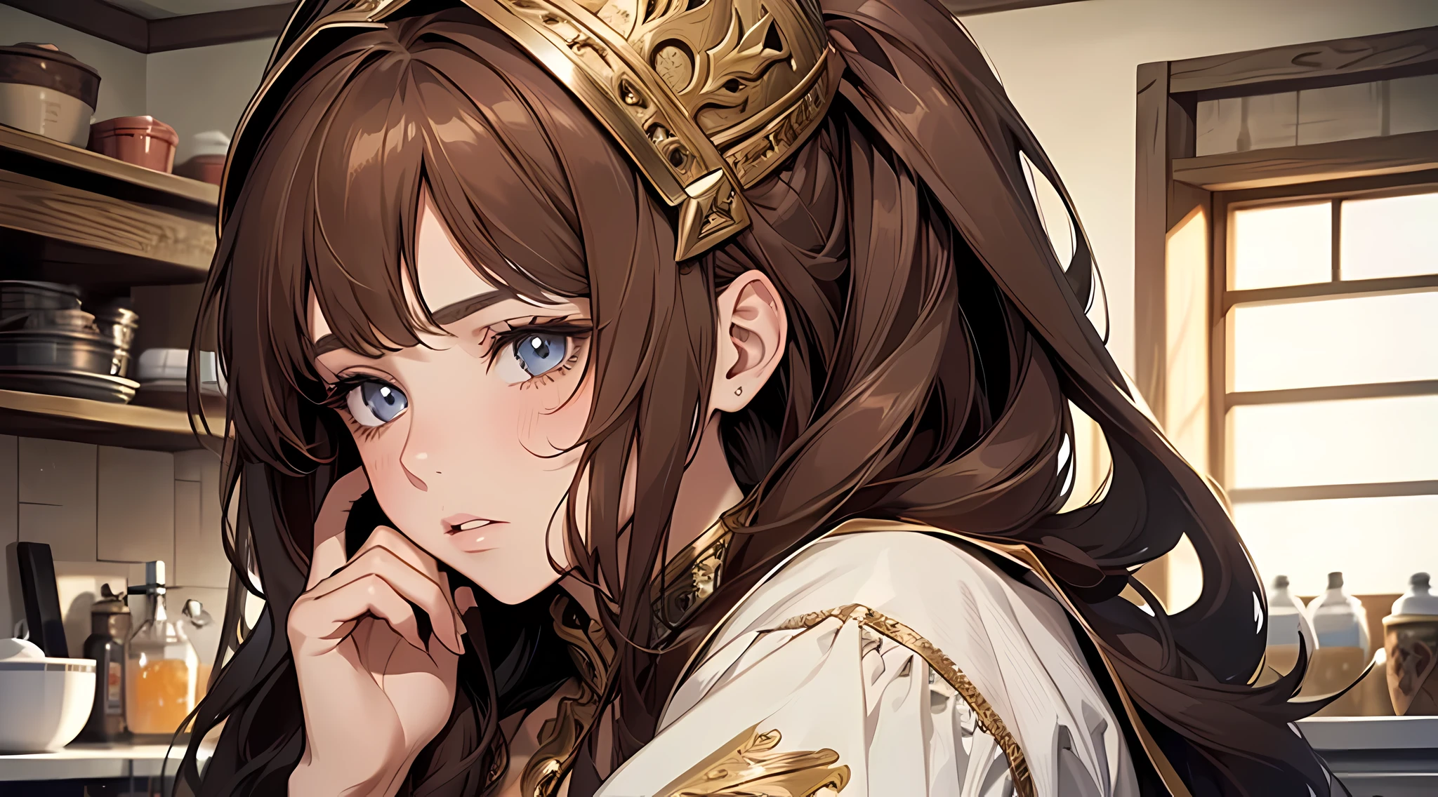 1 beautiful girl, brown hair, medieval times, knight, confused face, face detailed, plump lips, no expression, calm face, detailed eyes, detailed nose, in a small kitchen, confused face, calm face
