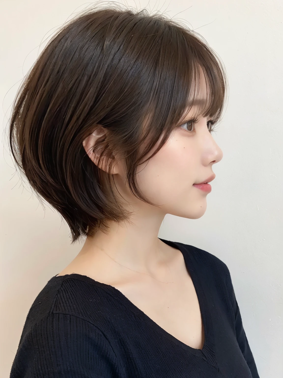 (8K、Raw photo、highest quality、masterpiece:1.2)、High-definition RAW color photo、professional photos、(realistic、photo realistic:1.37)、Shot in natural light、1 girl、laughter、white wall、Taken in front of the white door、(窓のあるwhite wallの部屋)、Versatile poses、break (Ombre:1.3) 、Spring clothes、simple necklace、long sleeve dress、(Beautiful profile:1.3)、Don't look at the camera、profile、bob、bobヘア、bob cuts、((The hair color is dark brown))、shortcut、short hair