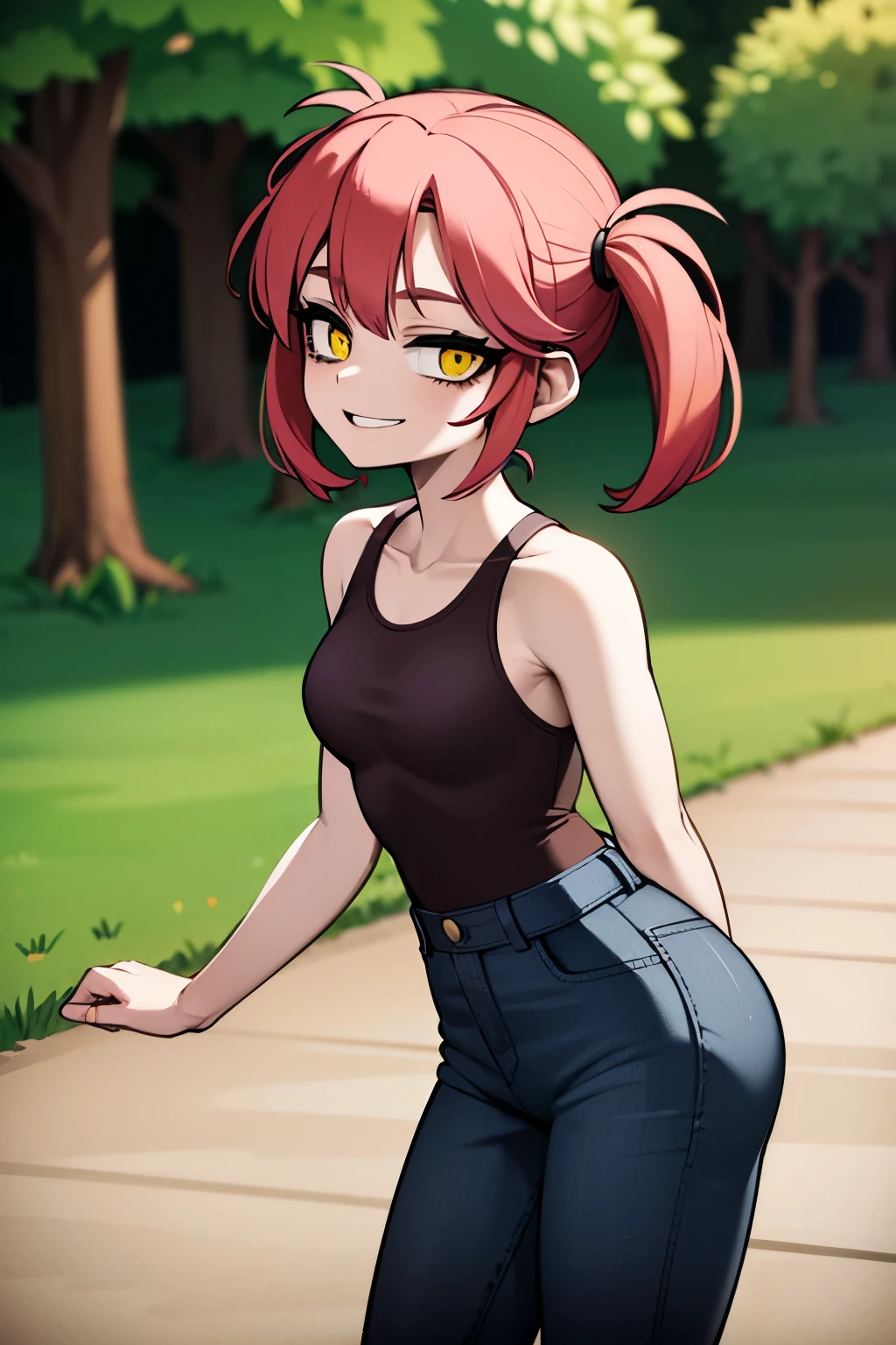 girl, small breasts, red hair, pink bangs, twintails hairrstyle, girl, wearing black shirt, wearing neck lace, silver neck lace, jeans short, , smiling, looking at viewer, yellow eyes, in a park, threes behind, 4k, masterpiece, 8k,
