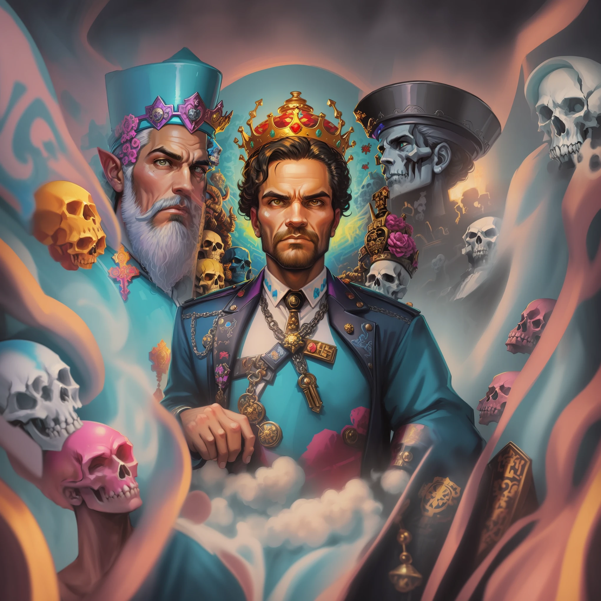 A man with a crown on his head, standing in front of a painting of skulls and skulls on the wall, Benjamin Marra, key art, a character portrait, pop surrealism, (full HD:1.1), bright colors.