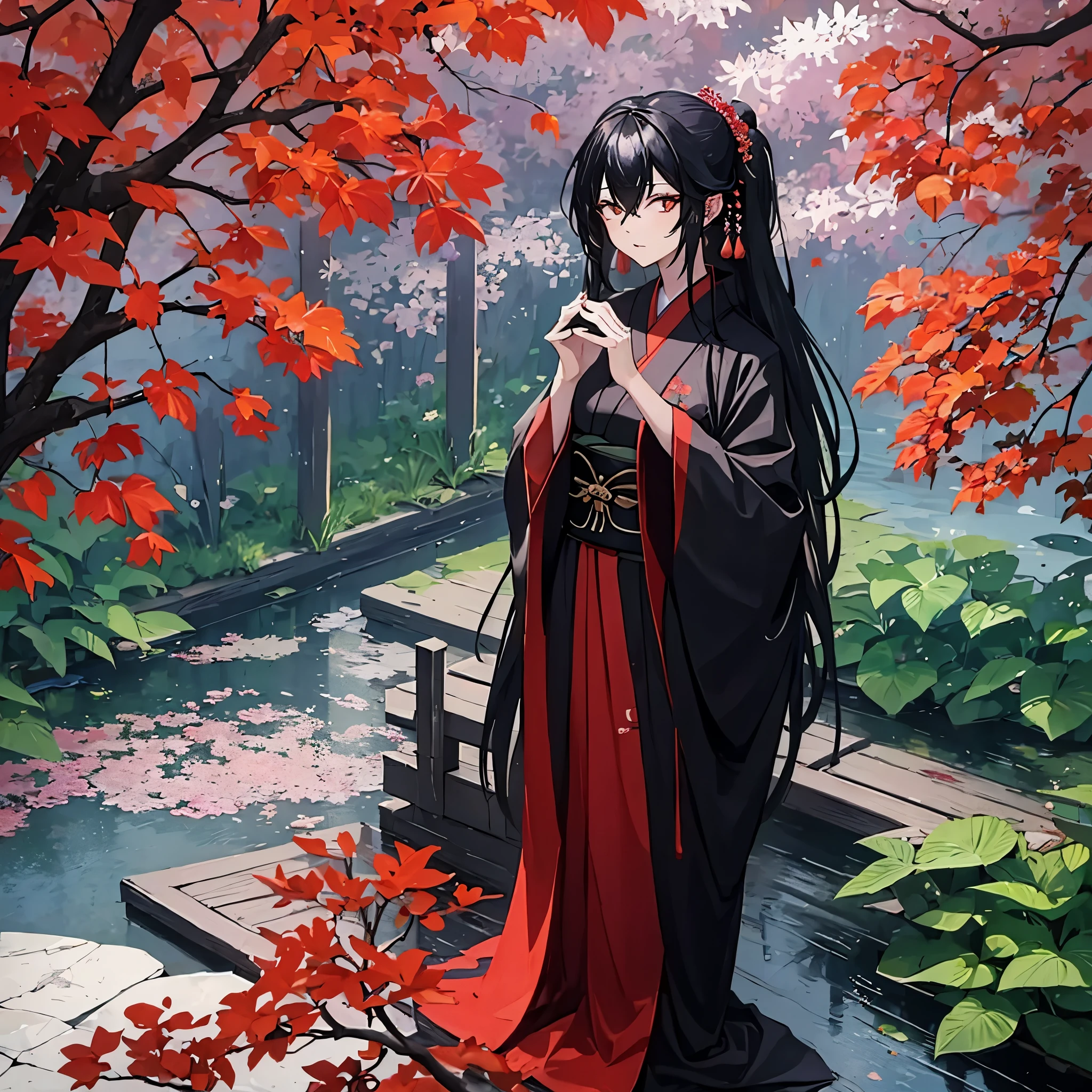 a man in a black kimono holding the hand of a woman in a red kimono in a Japanese garden
