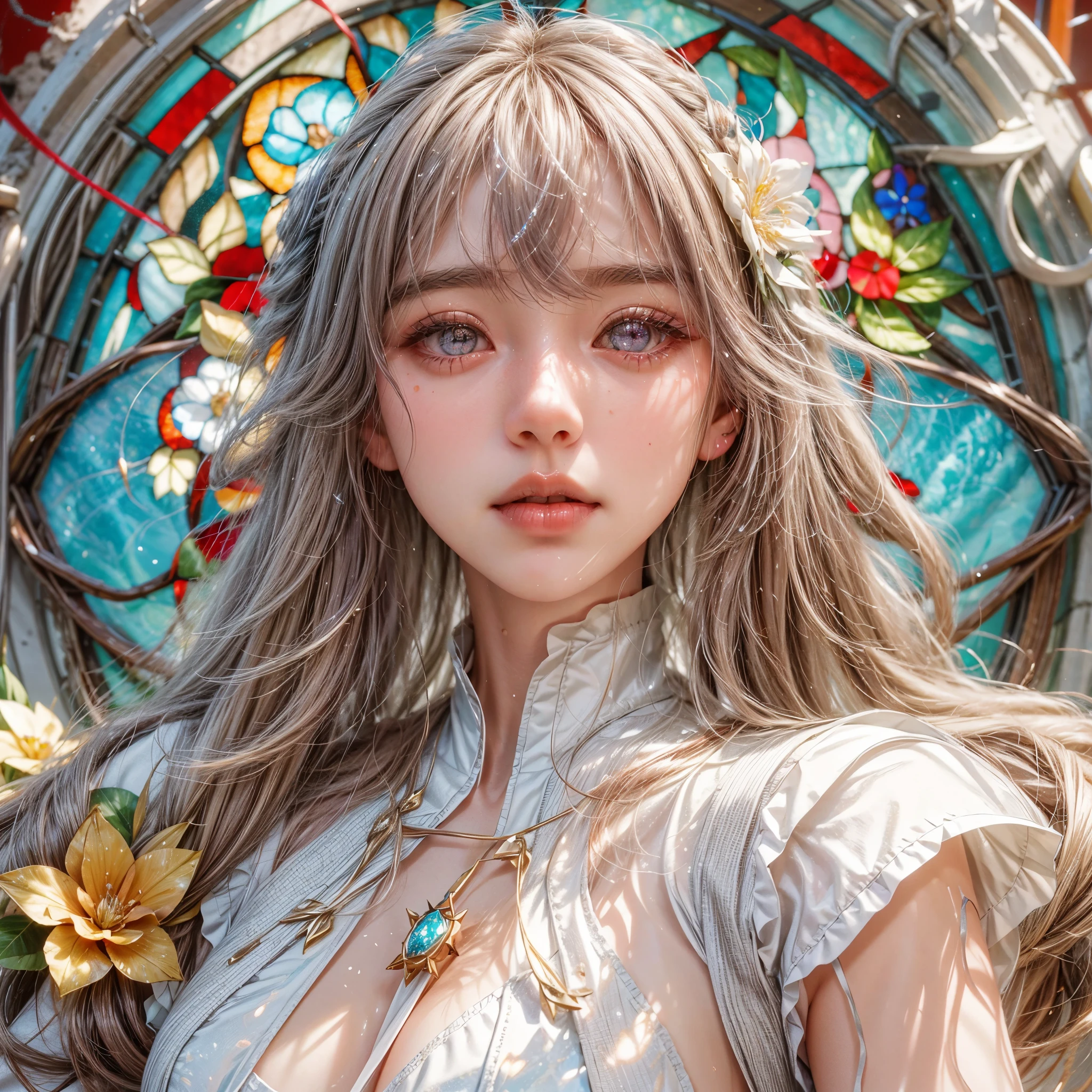 KAWAII girl in ((WHITE)) (loose opened uniform), with Glossy RED lips, (Exposed:0.9), (nipple:-1), { Extremely closeup | Dynamic-angle }, ((Dazzling stained glass Background)), (( colorful Light pours down from stunning elaborate stained glass:1.2)), vivid Red colors . ((Acutance:0.8, physically-based 3D rendering with Volumetric lighting)), (masterpiece:1.2), (ultra-detailed:1.35), (realistic, photorealistic, ((photo-realistic:1.37))with touch of rawness) . ((Renbutsu Misako)), (Extremely detailed KAWAII face variations, with Dynamic expressions),  detailed eyes with sparkling highlights, captivating gaze, long eyelashes, subtle blush on the face, rosy cheeks, impeccable ivory skin texture . { full of flowers covering girl's body | Mystic sight | God rays | haze | Light Particle | Luminous Particle | Lens Flare | A Halo in the air | Overflowing underboob | Button Undoned } . (((Unaligned fingers:-0.9))) .