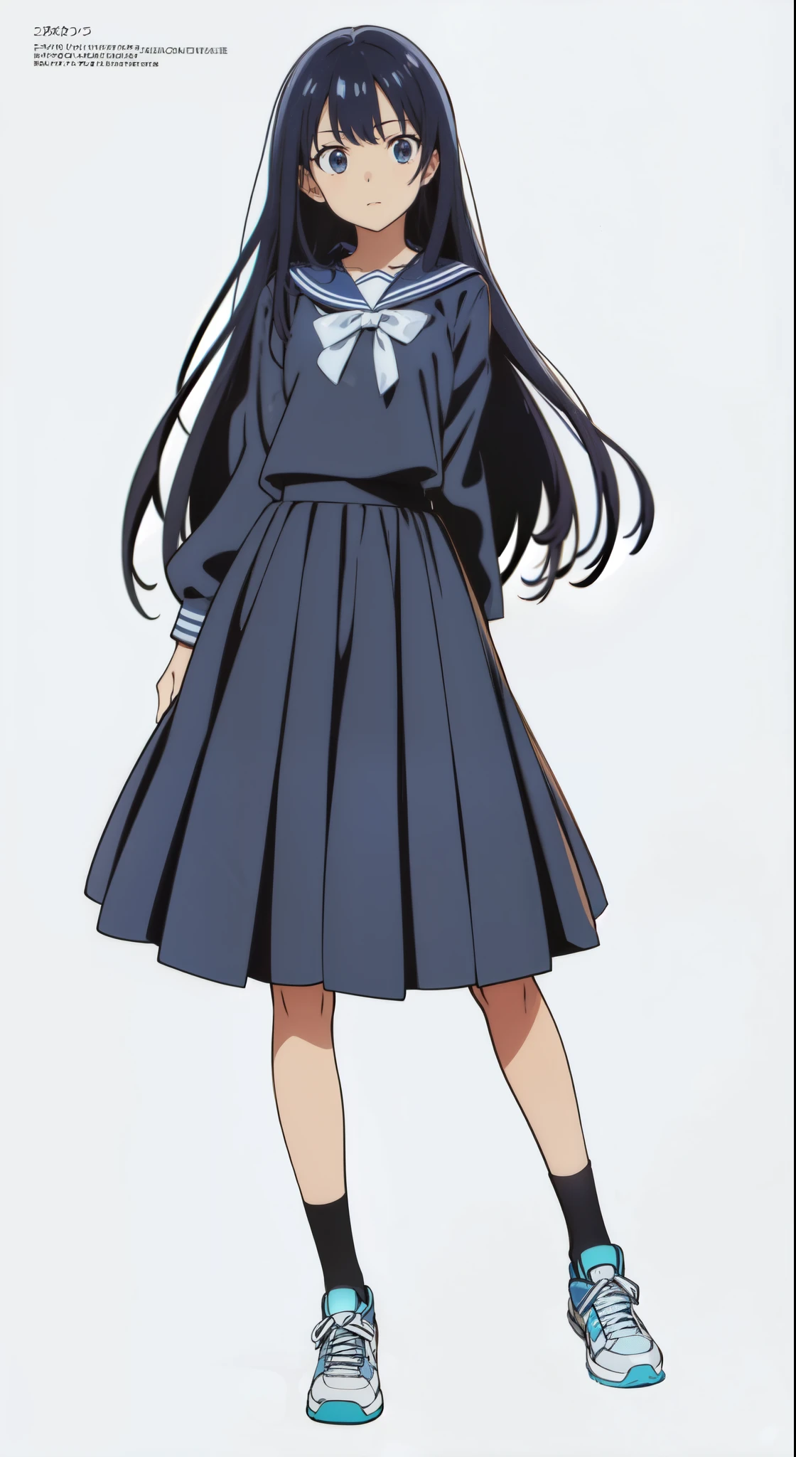 (white background:1.0), (anime:1.0), (official art:1.0), (best quality:1.0), (masterpiece:1.0), (full body:1.0), (solo:1.0), (a 15yo cute girl:1.0), (long skirt:1.5), (dark blue skirt:1.25), (pleated skirt:1.0), (dark blue sailor uniform:1.25), (long sleeve sailor uniform:1.0), (sneakers:1.0), (white socks:1.25), (ideal ratio body proportions:1.25), (lanky:1.25), (tall:1.25), (slender:1.25), (small breasts:1.25), (smaller face:1.25), (tareme:1.5), (detailed beautiful eyes:1.0), (detailed beautiful face:1.0), (glowing black eyes:1.0), (medium hair:1.0), (black hair:1.0), (standing:1.0), (looking at viewer:1.0)