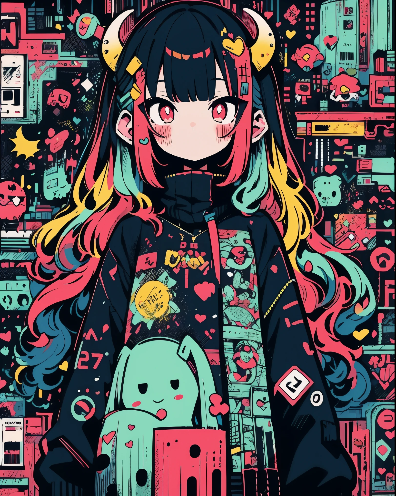 hightquality、neon color palette、high-level image quality、Kawaii Girl、Unprecedented amount of drawing、anime styled、Geometric pattern background、sticker style、long hair、black hair、red eyes, heart-shaped pupils, wavy hair, menhera, loose clothing, black dress, red heart-shaped neckline, self harm, guro, dark, dark eyes, blood, creepy, eroguro, devil horns, dark circles, neon, eye strain, bubble tea, glitch, retro, scary, demon, eyeball, ghost, horror, bloodied, colourful blood, glitch