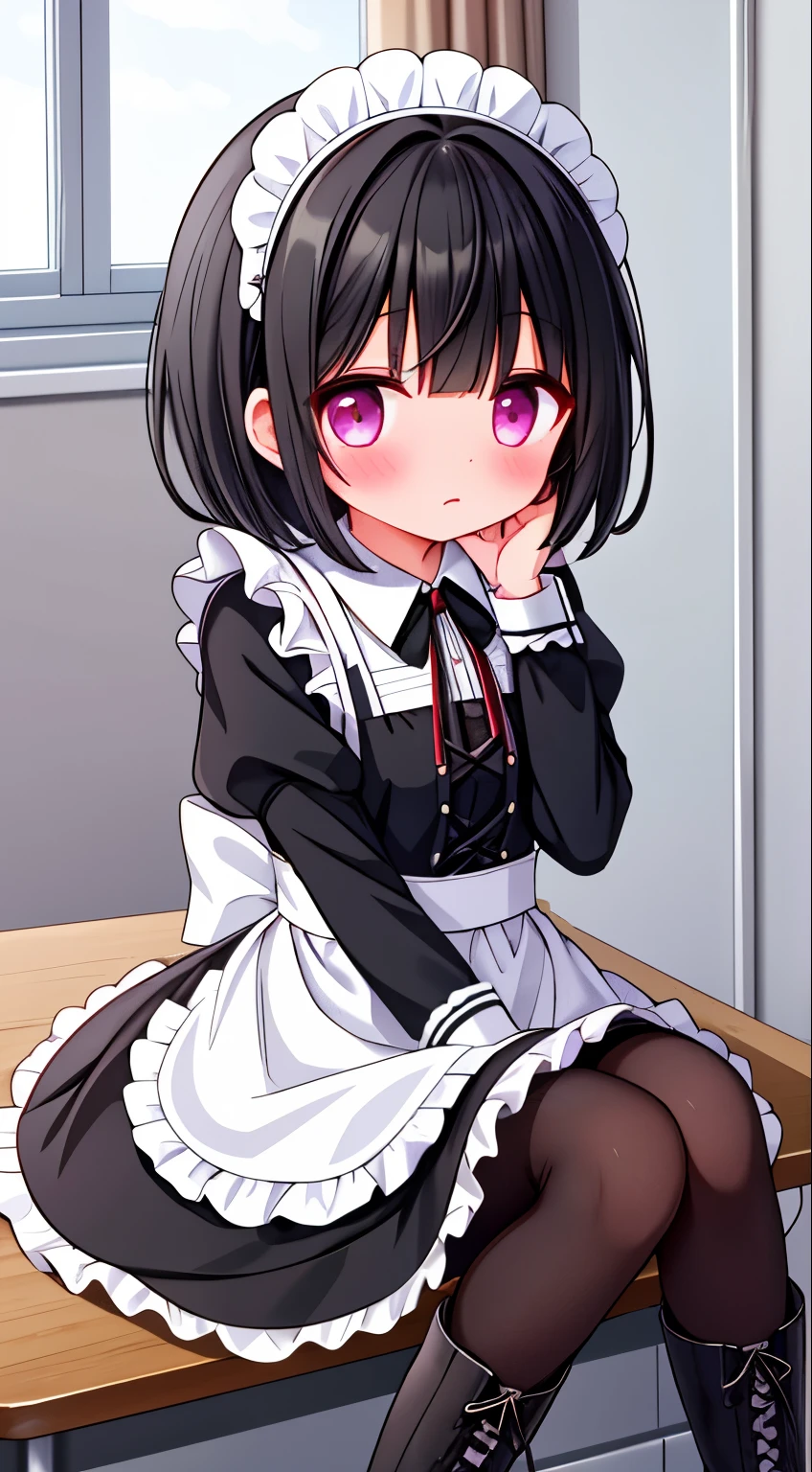 girl,short black hair,maid outfit,Black lace-up boots,white pantyhose,blush shy,classroom scene,demon
