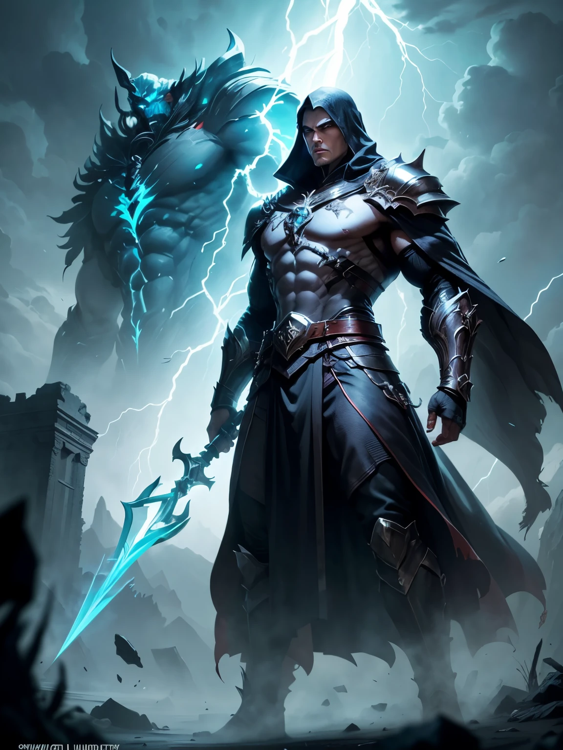 Develop a character concept for an RPG, creating 'The Shadow of the Storm', a legendary warrior. Depict an imposing figure with stormy armor, glowing eyes, and a magical weapon that summons lightning. Contemplate his story of ascension, highlighting heroic deeds and supernatural challenges. Explore unique abilities like climate control and define a captivating personality, whether serene and wise or possessing an unstoppable rage. This character should stand out, enriching the game's narrative with his presence and intriguing mythology."