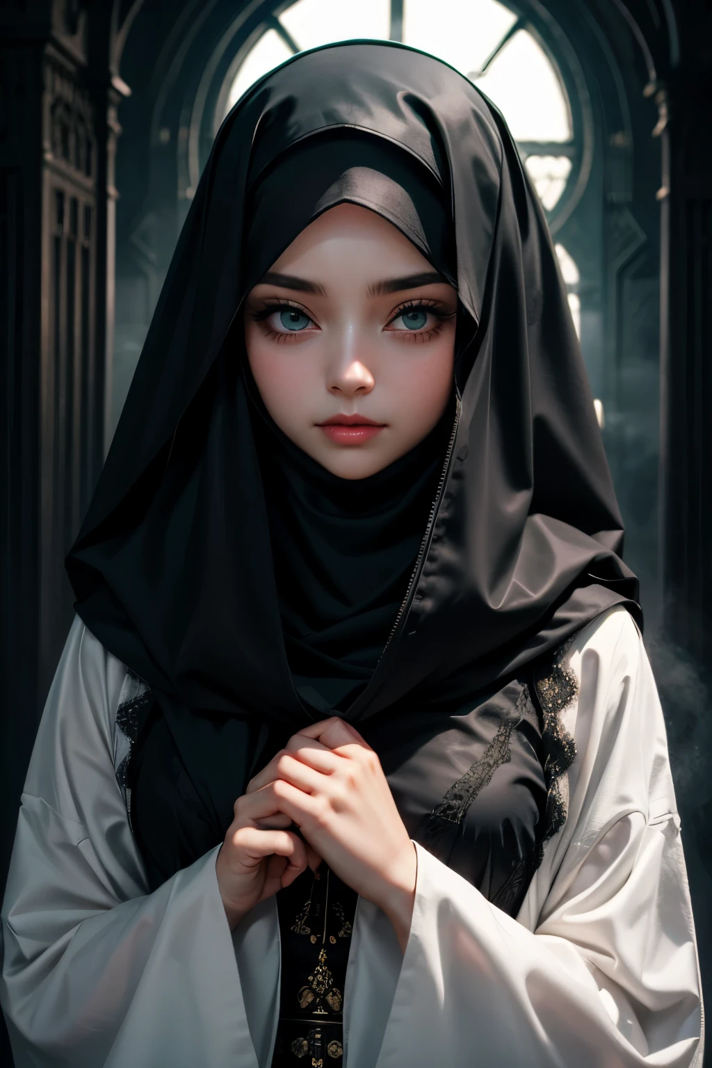 She wears a veil that hides her face.muslim white black clothes、Eyes are hidden , green eyes 