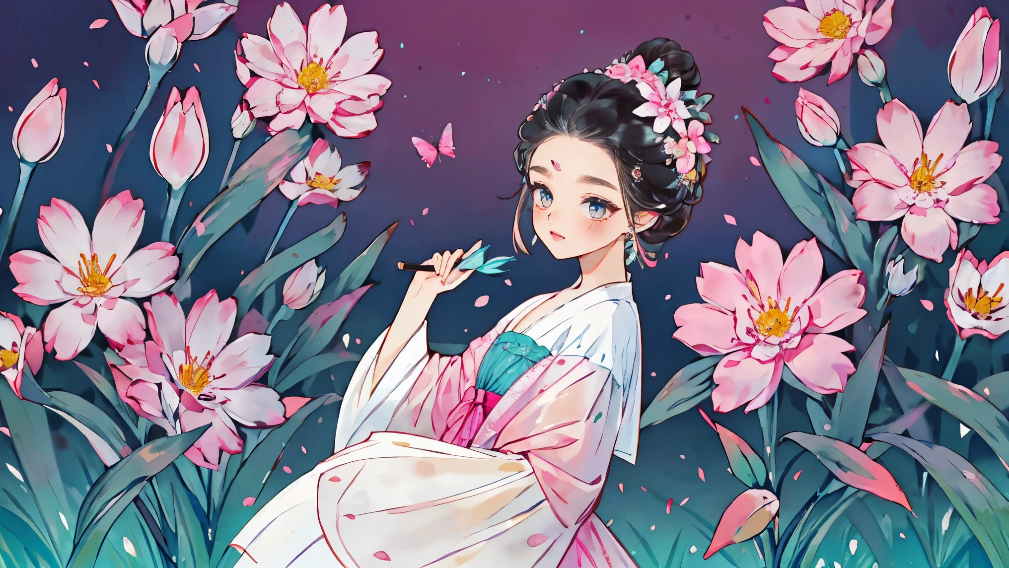 1 Sister, Alone, looking at viewert, face flushed, Background with, black hair color hair, hair adornments, longer sleeves, white backgrounid, Eternal, Full body lesbian, flowers blooming, in pink, hairflower, hair-bun, butterflys, tmasterpiece, recent quality, The finest details, Clear facial features, beautidful eyes