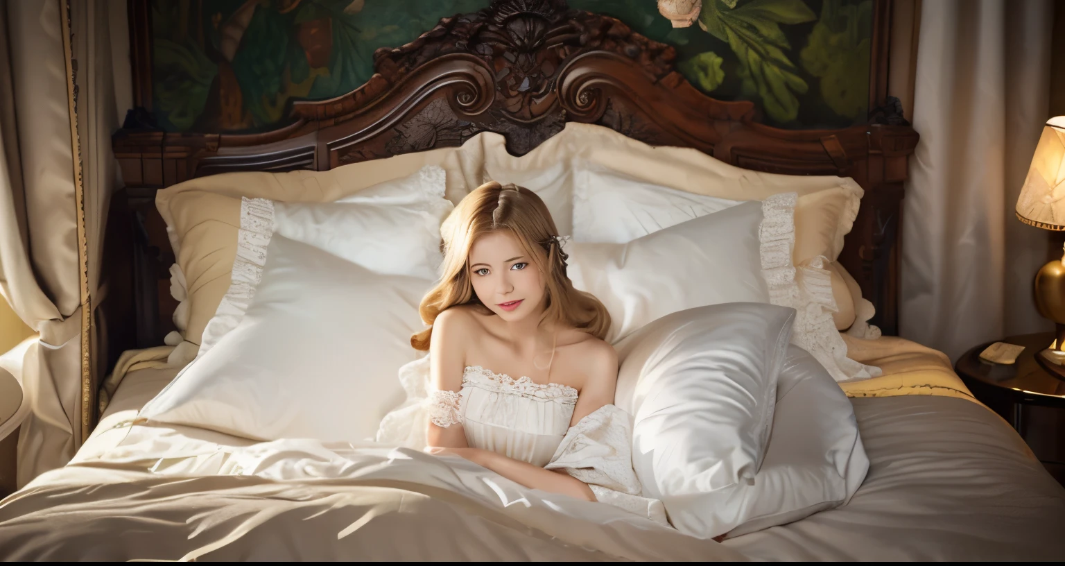 ,highest quality, masterpiece, highest resolution, artwork, super それにget used to it, many get used to it, get used to it, それにget used to it, 3K realistic photos,,((10 year old girl)),Super detailed young girl's face, Beautiful girl illustration,detailed beautiful face detailed hair,detailed human eye ,detailed mouth, arm details,detailed hands, european,(((Blonde with super long rolls))),blue eyes,pajamas,night wear,((((white nightgown)))),((フリルとリボンが沢山付いたwhite nightgown)),((1920 style nightgowns)),,((headdress with frills and ribbons)),victorian nightgowns,Yoke collar with ruffles and ribbons,Long sleeves with ruffles,Long skirt up to the ankle,((The whole body is reflected)),white ruffle and lace socks,Wearing slippers with frills and ribbons,Pillow with large frills and ribbons,detailed costume,Detailed pillow,sitting on the bed,贅沢なcanopy bedの上,canopy bed,Luxury curtains on both sides of the bed,many frilly pillows on the bed,super detailed background,Detailed bed,romantic atmosphere,The lower half of the body is hidden under the futon,