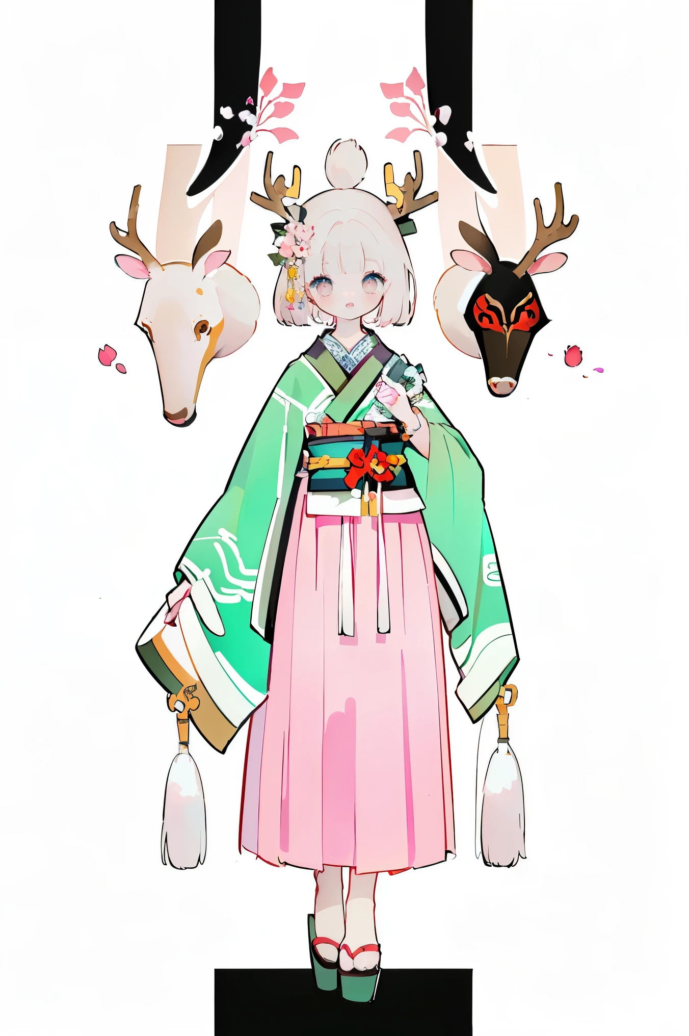 (Masterpiece:1.2)，Best quality，white backgrounid，（1Blittle girl：1.5，Full body standing painting，looking at viewert), deer antlers, Entwined vines, petals, Pink and white clothes, Zephyr elements, long  skirt，facial closeups，big beatiful eyes，detailed face with，Flashy clothes，Wide_Sleeves，sash，flower，Dreamy，Onmyoji detailed art, Traditional oriental art style, Beautiful painting style, ukiyo-style, A beautiful artwork illustration，Beautiful digital artwork，shoes，Footwear