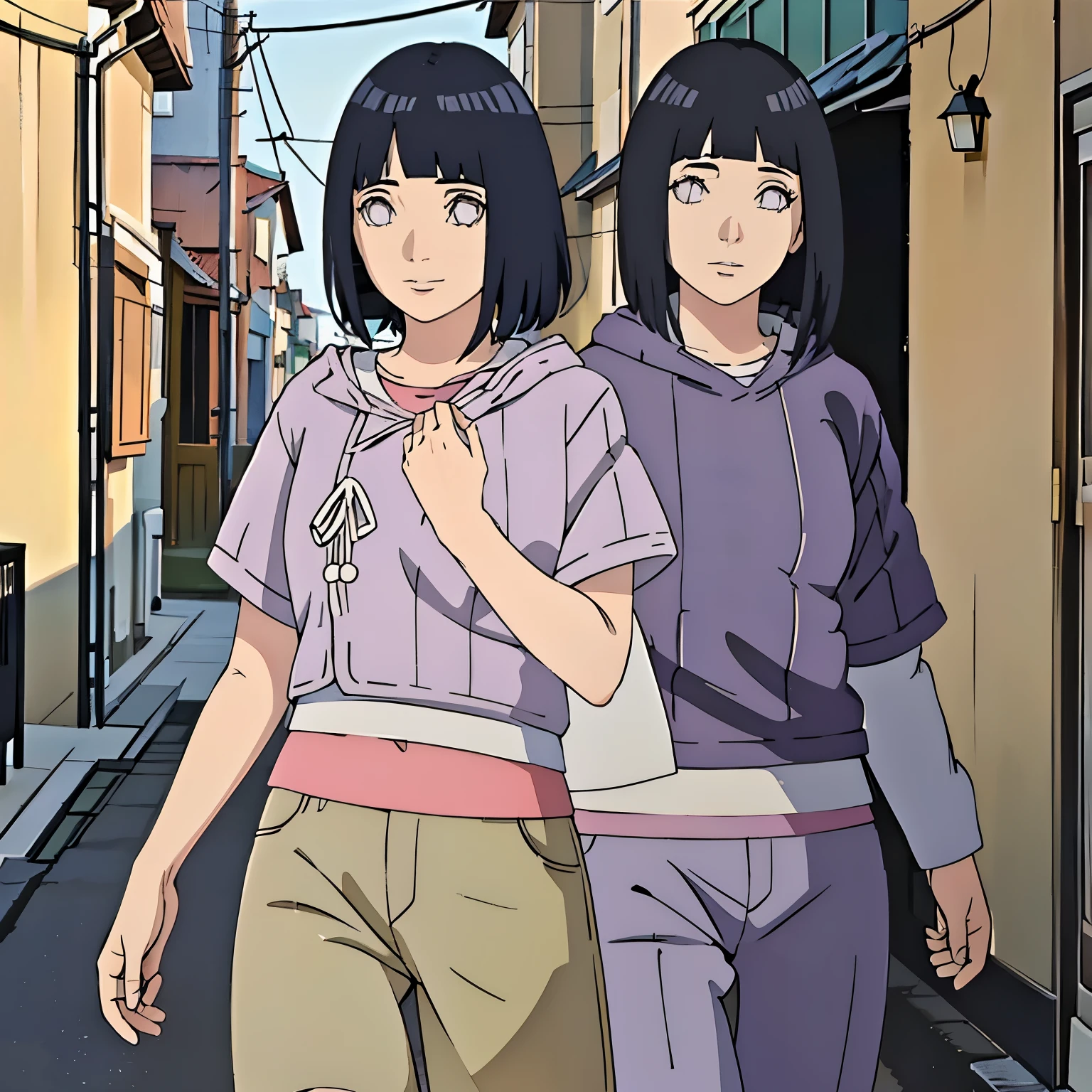 Hermosa madura hinata hiuga, pechos medianos, piernas delgadas, usando pantalones cortos de mesclilla, caminando por la calle estilo pueblo de la hoja, sonrriendo, sonrrojada