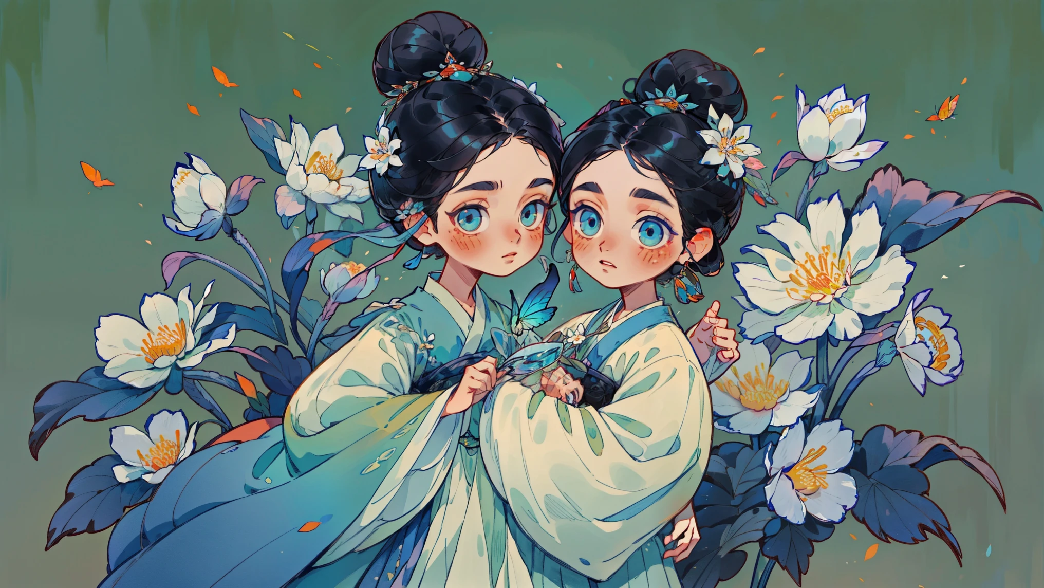 1 sister, Alone, looking at viewert, face flushed, Background with, black hair color hair, hair adornments, longer sleeves, white backgrounid, everlasting, Full body lesbian, blooming flower, hairflower, hair-bun, butterflys, Blue Hanfu, tmasterpiece, recent quality, The finest details, Clear facial features, beautidful eyes
