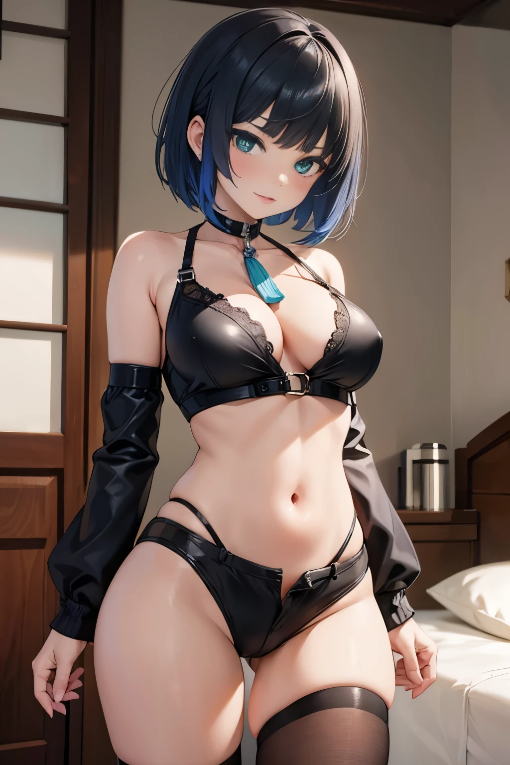 woman, 26 years old, short hair, proportional hands, Yelan anime eyes, perfect body, sensual cleavage, medium breasts, red sleeveless blouse, wearing black micro shorts, sexy shorts, vinyl shorts, Ultra HD, 4k image, image of best quality, (fidelity: 1.4), photoreal, light green eyes, eyelashes, beautiful pupil, shadows, slight blush, delicate facial features, reasonable facial features, exposed waist, natural poses