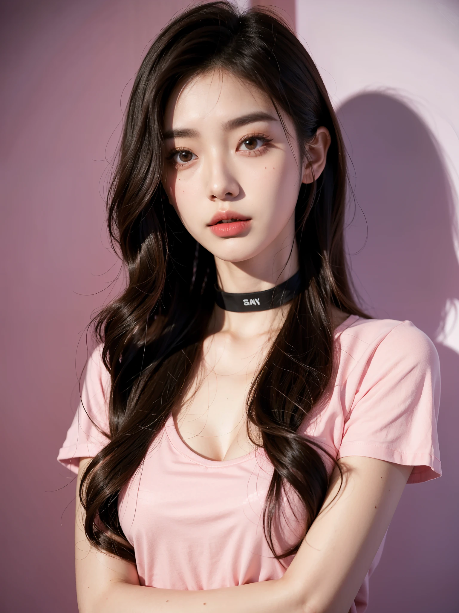1 person only, 8K RAW photos, 22-year-old Korean model ,167cm, slim body , perfect breasts ,fair skin, soft body, pink t shirt, pink choker, eyes beautiful in detail, eye shadow, long wavy hair reaches waist level