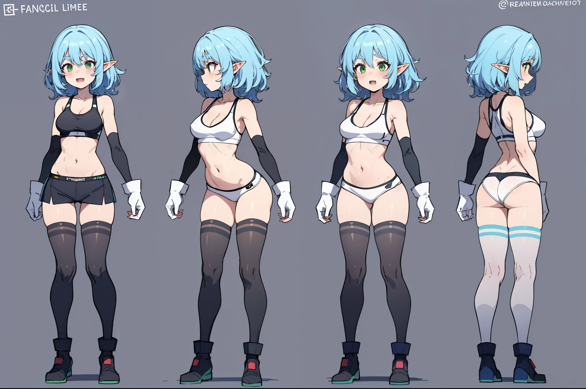 Elf woman, light skin, green eyes, long blue hair, fangs, medium breasts, long shapely legs, combat gloves, tight sports bra, mini skirt, high stockings, 8k, hd, masterpiece, white background, full body, character design sketch in various perspectives, rear, front, 3 /4, profile