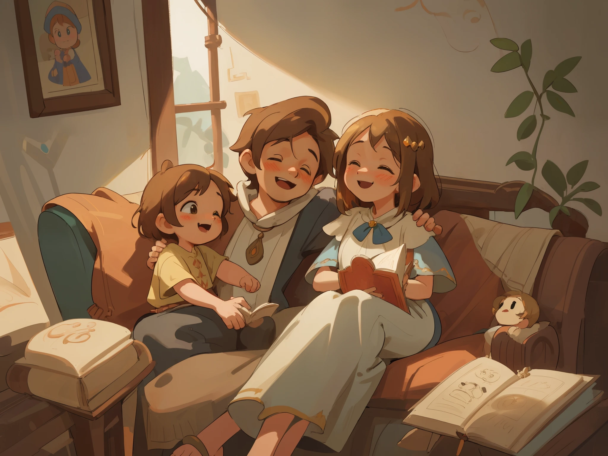 Middle Ages, ancient times,A happy family of three,closeup, Continuous shots, cinematic immersion, storytelling, a home full of love and warmth. A father sitting on the sofa holding a six-year-old boy, Mom looked at us gently, and the air was filled with a sense of happiness. Children's picture book, ??? story, high salvation color,
