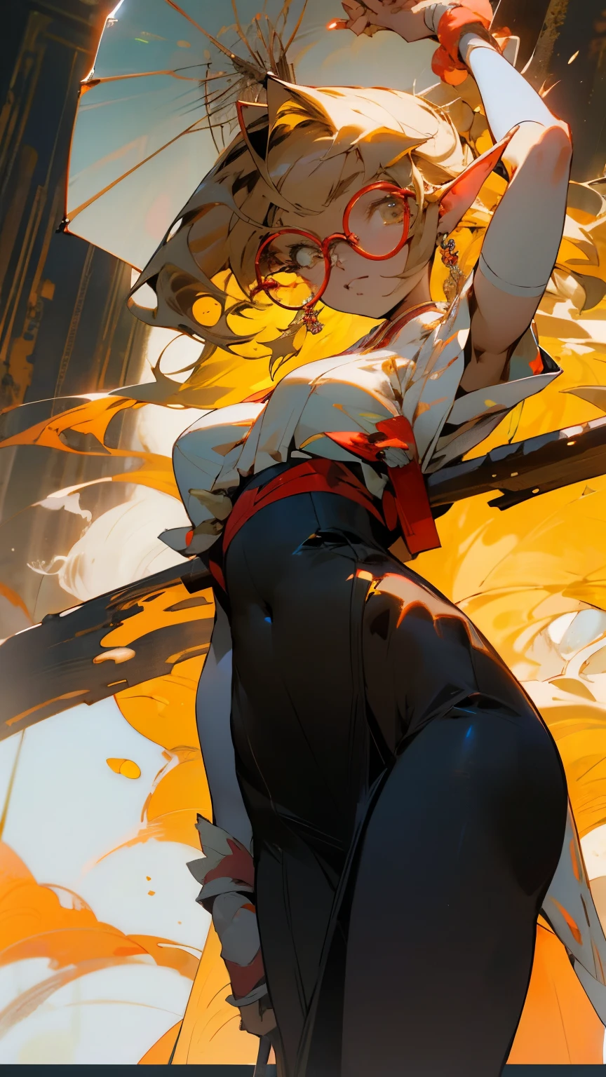 glow,masterpiece, beautiful, 4K, best quality, oil painting portrait style, cute face, big breasts, blonde,round frame glasses,pointed ears, pantyhose,whole body,standing posture,shrine maiden,日式shrine maiden