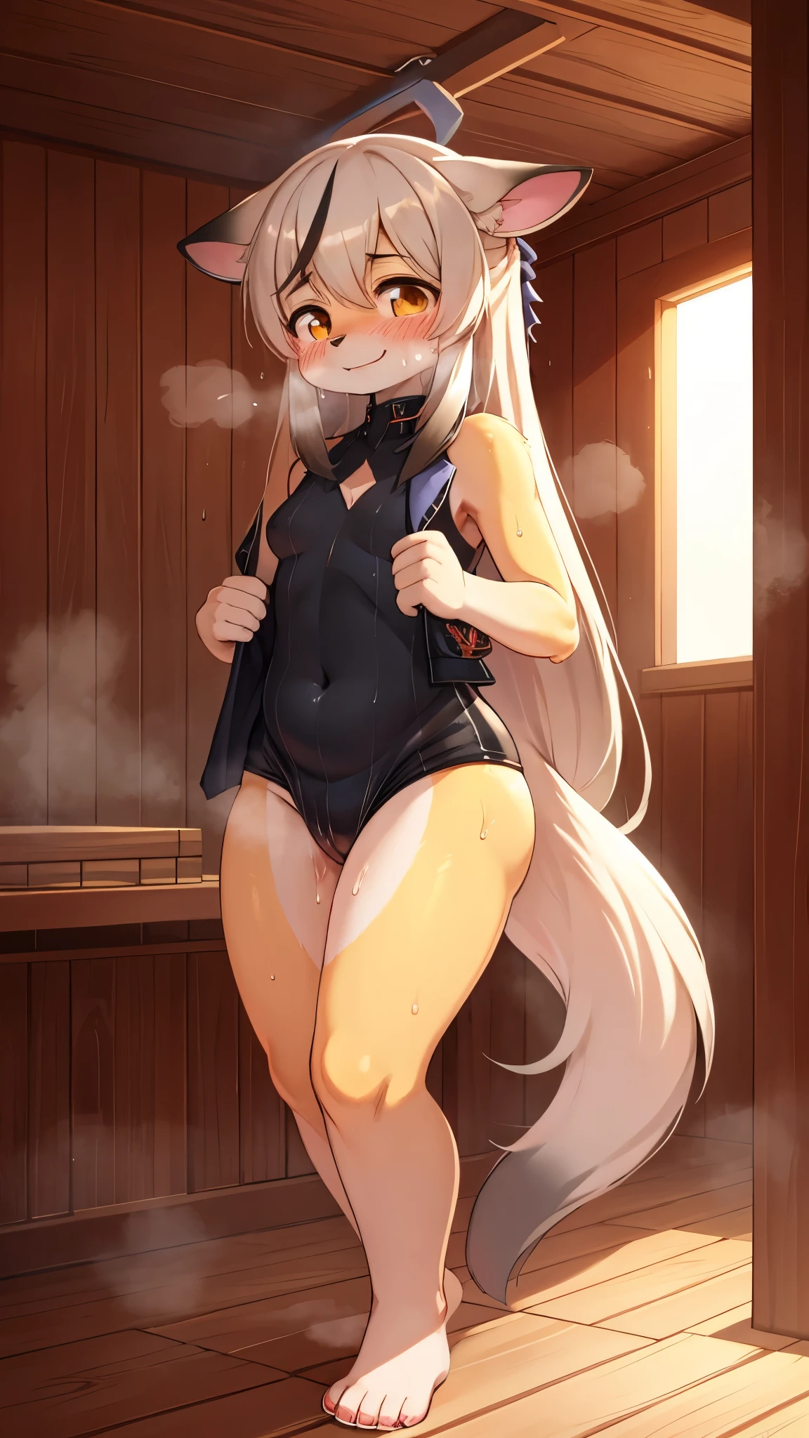 furry,long hair,light yellow fur,school swimsuit,sauna,stand,very hot,look hot,sweat face,sweat legs,sweat arms,full face blush,shy face,looking at viewer,smile,a lot of steam,steam face,steam arms,steam body,steam legs