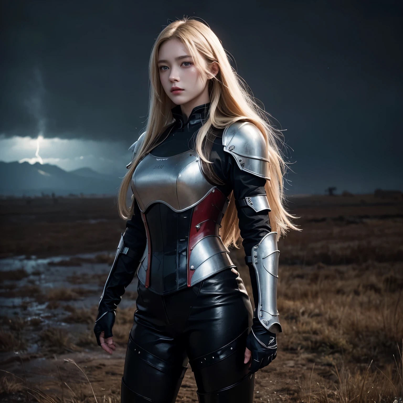 photorealistic, masterpiece, photorealistic, high resolution, soft light, hips up, black 17th century wears skin - tight Japanese body armor, standing on a deserted battlefield, clothes torn, stained with red paint, night, starry storm, rain, fog, eerie lighting, very long blond hair, blue eyes