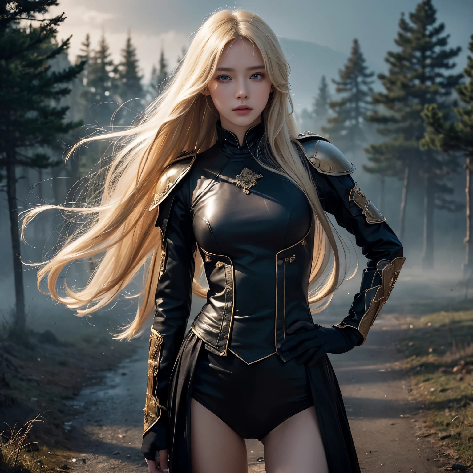 ((Best quality)), ((masterpiece)), (detailed:1.4), 3D, photorealistic, masterpiece, photorealistic, high resolution, soft light, charming Russian model Nata Lee, light blonde hair, hips up, black 17th century wears skin - tight Japanese body armor, standing on a deserted battlefield, clothes torn, stained with red paint, night, starry storm, rain, fog, eerie lighting, very long blond hair, blue eyes.