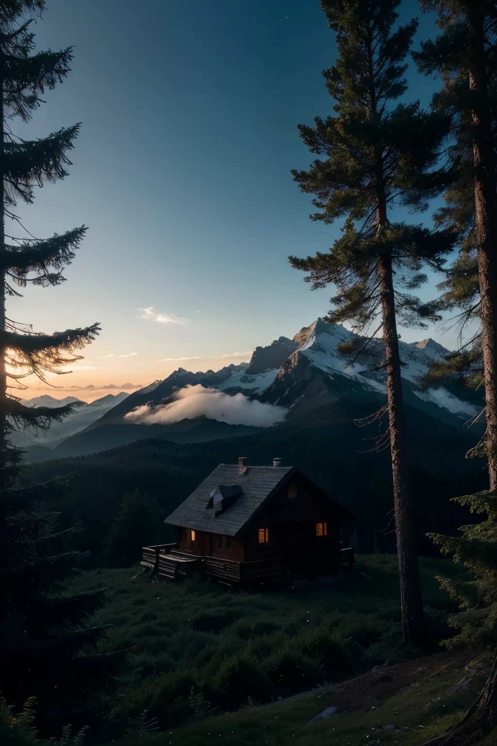 forest mountains, Mountains from forests, Huge mysterious forest,  Cedars of Lebanon, Fluffy spruce trees ,sea, sea... log guard hut, unexpected plot,Black atmosphere Fantasy,Fairytale landscape, mystery Hyper detail,
Hyperrealism, 5D,, realistically, beautiful, high detail, lumen, professional photo, beautiful,