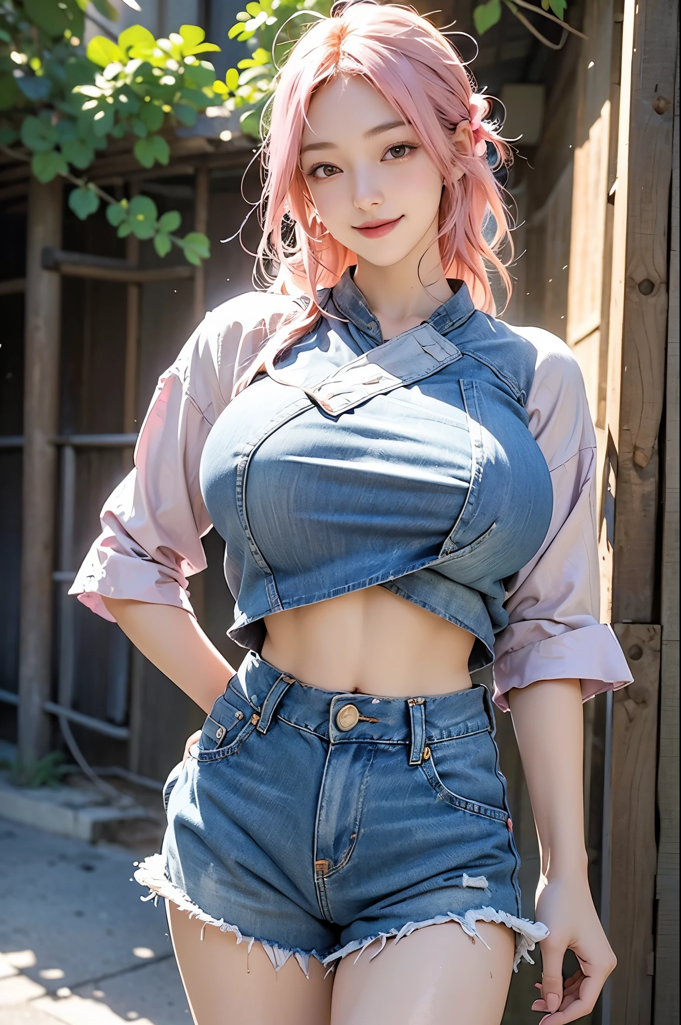 two-dimensional, masterpiece, best quality, Japanese cartoons, Very detailed, 1 girl, alone, cowboy shooting, Nino Nakano, pink hair, butterfly hair accessories, crop top , split, Denim shorts , medium breasts, permanent, School, outdoor, Smile，(huge breasts:1.2),wet skin