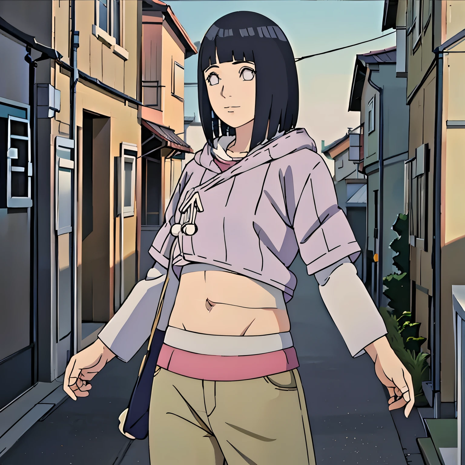 Hermosa madura hinata hiuga, pechos medianos, piernas delgadas, usando pantalones cortos de mesclilla, caminando por la calle estilo pueblo de la hoja, sonrriendo, sonrrojada