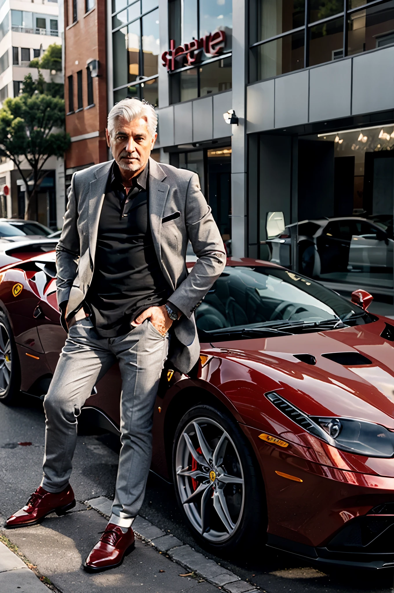 mature man with gray hair, attractive, successful, rich next to a Ferrari car in a red color characteristic of the Ferrari brand