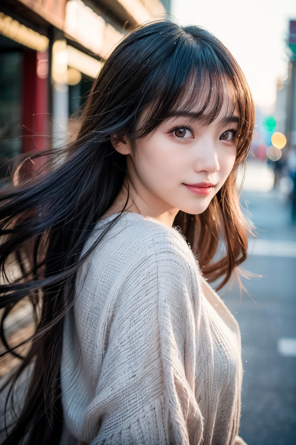 (8k, Best Quality, Masterpiece:1.2), (Realistic, Photorealistic:1.37), Ultra Detail, 1 Girl,Cute,Solo, Portrait, street photography, natural light, bokeh, Chinese beauty, long silky hair, chic and comfortable, casual clothing, Beautiful Detailed Sky,Date,(Blush),(Smile:1.15),Beautiful Detailed Eyes,(Long Hair: 1.2),Floating Hair NovaFrogStyle