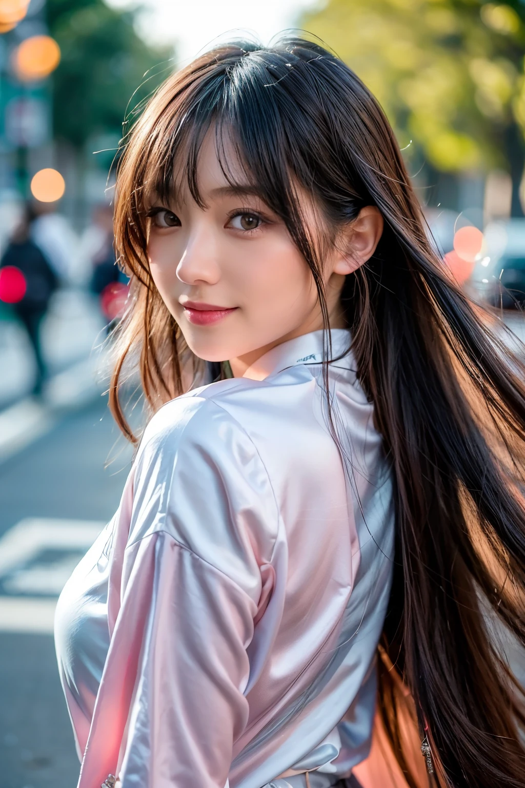 (8k, Best Quality, Masterpiece:1.2), (Realistic, Photorealistic:1.37), Ultra Detail, 1 Girl,Cute,Solo, Portrait, street photography, natural light, bokeh, Chinese beauty, long silky hair, chic and comfortable, casual clothing, Beautiful Detailed Sky,Date,(Blush),(Smile:1.15),Beautiful Detailed Eyes,(Long Hair: 1.2),Floating Hair NovaFrogStyle