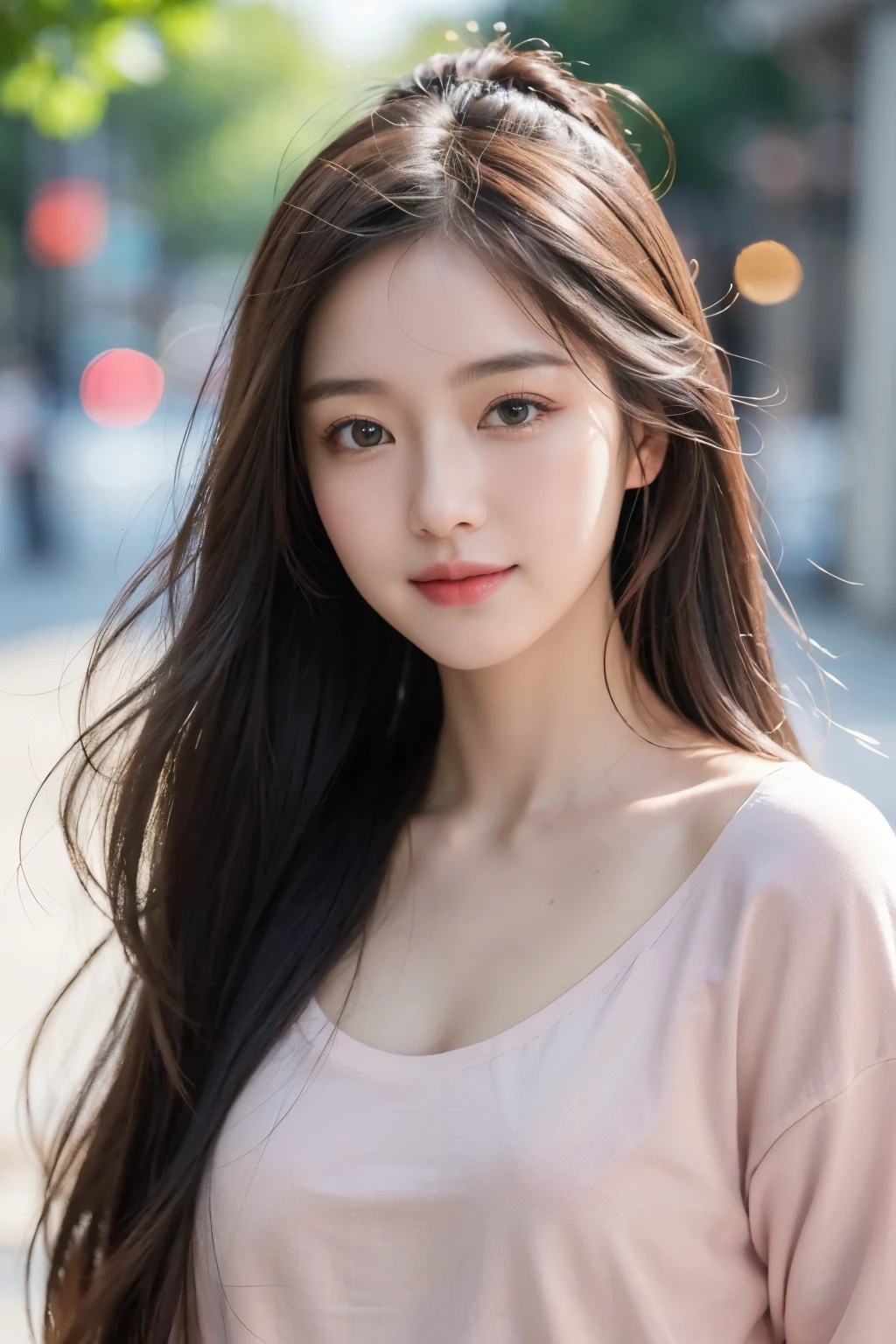 (8k, Best Quality, Masterpiece:1.2), (Realistic, Photorealistic:1.37), Ultra Detail, 1 Girl,Cute,Solo, Portrait, street photography, natural light, bokeh, Chinese beauty, long silky hair, chic and comfortable, casual clothing, Beautiful Detailed Sky,Date,(Blush),(Smile:1.15),Beautiful Detailed Eyes,(Long Hair: 1.2),Floating Hair NovaFrogStyle