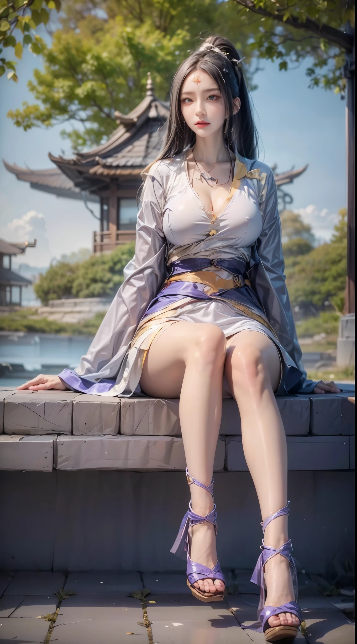 realistic, 1 women, best quality, 12k, HD, long hair, big round breasts, cleavage, ponytail, necklace, jewelry, shorts, short jacket, slim hips, hair tie, yellow eyes, black hair, super detailed, Eye details, hair details, person details, mouth details, face details, breast details, clothes details, hair details, pants details, hand details, whole body