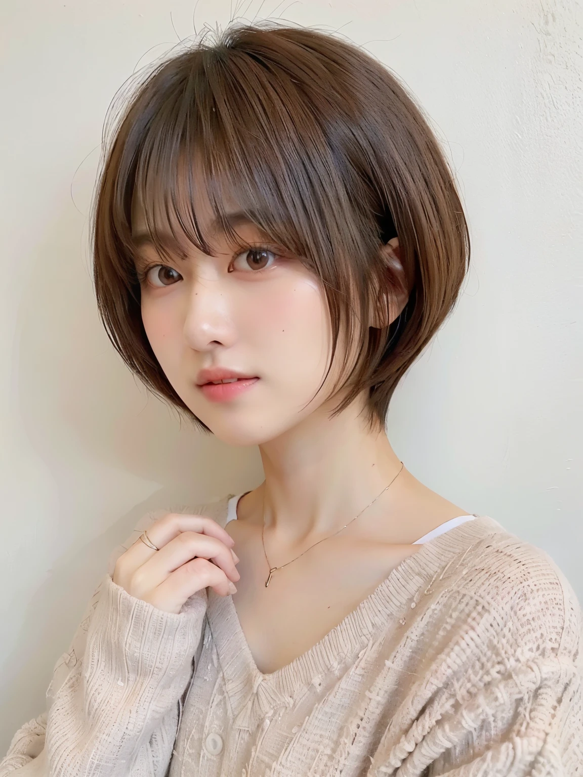 (highest quality、8K、32K、masterpiece、nffsw:1.2)、cute日本人女性の写真、long sleeve dress、very short bobbed hair、Upper body、surface focus、extra large size_sweater、necklace、simple background、From above、looking at the viewer、mix 4、(8K、Raw photo、highest quality、masterpiece:1.2)、(realistic、Photoreal:1.37)、1 girl、cute、professional lighting、photon mapping、Physically based rendering、shortcut、short hair、Handsome、girly、excellent image quality、High resolution、1080P、(clean face)、(Detailed facial description)、(detailed description of hands)、(Masseter muscle part)、(Detailed CG)、 extreme light and shadow、hair is dirty、masterpiece、rich details、(exquisite features)、(best image quality)、(masterpiece)、(detailed eye)、looking forward to your eyes、delicate clavicle、Versatile poses、Don'don't watch the mela、profile、white wall、Taken in front of the white door、(窓のあるwhite wallの部屋)、Spring clothes、シンプルnecklace