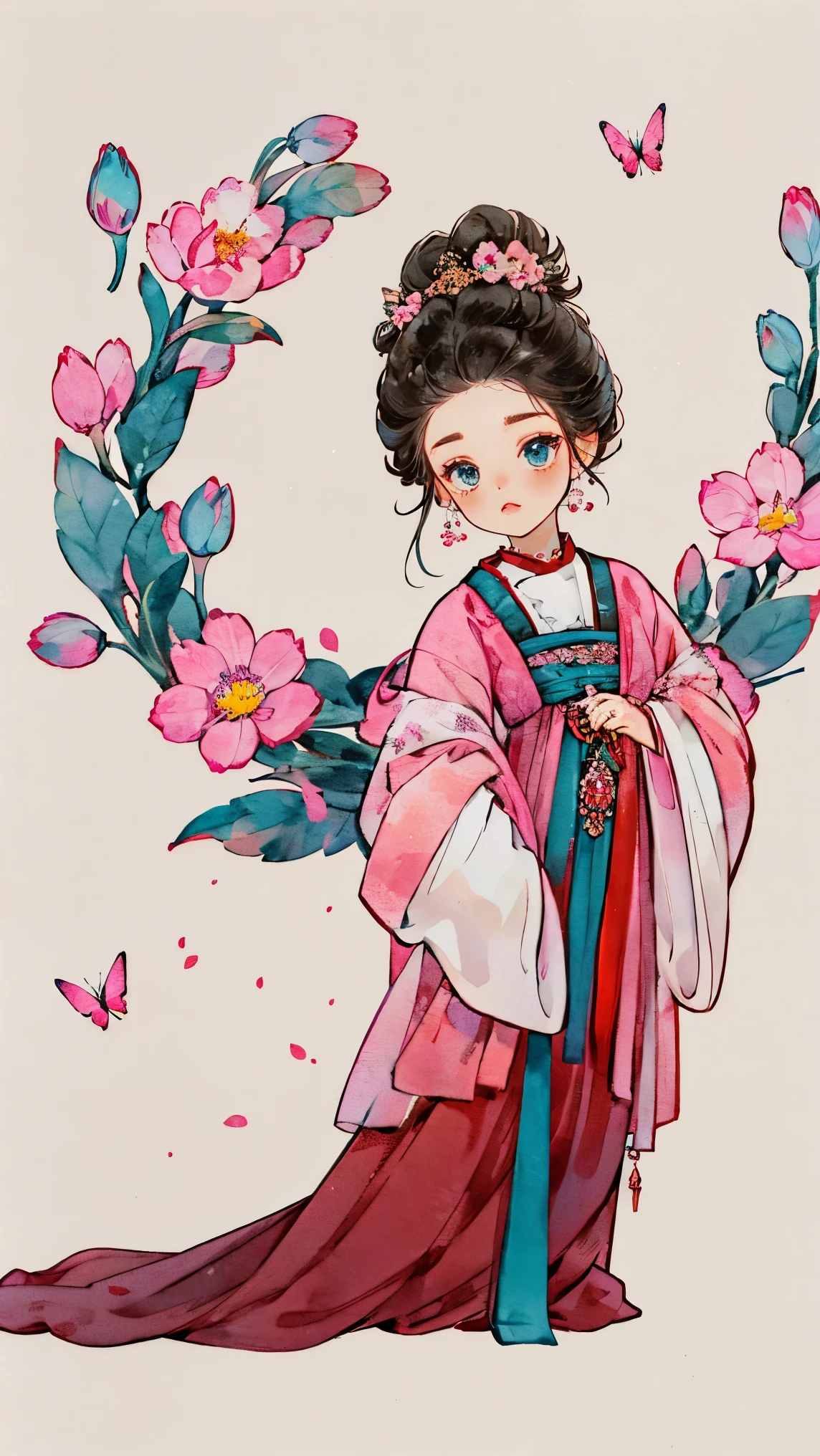 1 Sister, Alone, looking at viewert, face flushed, Background with, black hair color hair, hair adornments, longer sleeves, white backgrounid, Eternal, Full body lesbian, flowers blooming, in pink, hairflower, hair-bun, butterflys, tmasterpiece, recent quality, The finest details, Clear facial features, beautidful eyes